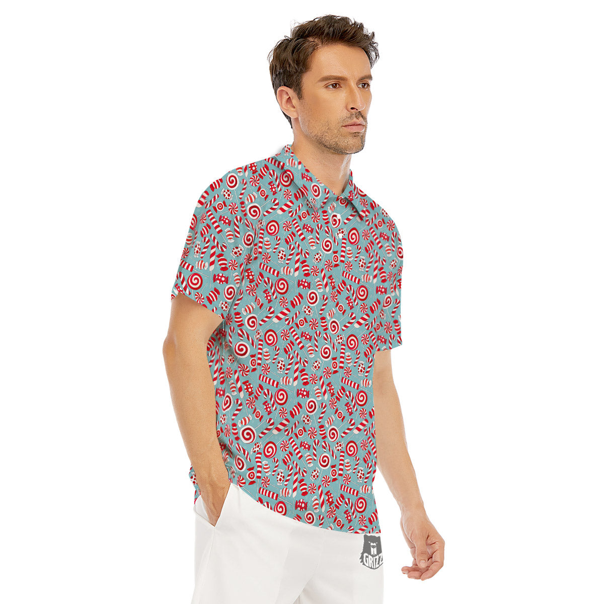 Candy Cane Christmas Print Pattern Men's Golf Shirts-grizzshop