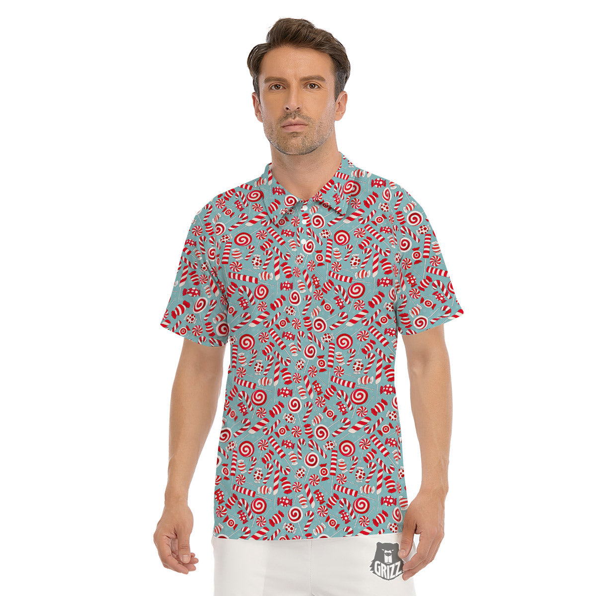 Candy Cane Christmas Print Pattern Men's Golf Shirts-grizzshop
