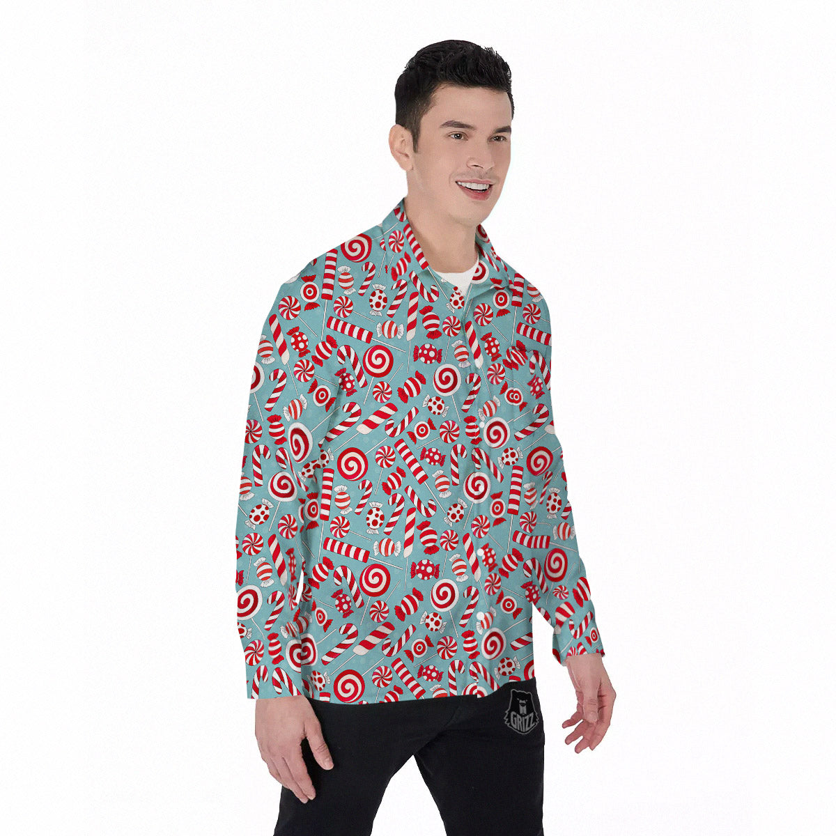 Candy Cane Christmas Print Pattern Men's Long Sleeve Shirts-grizzshop