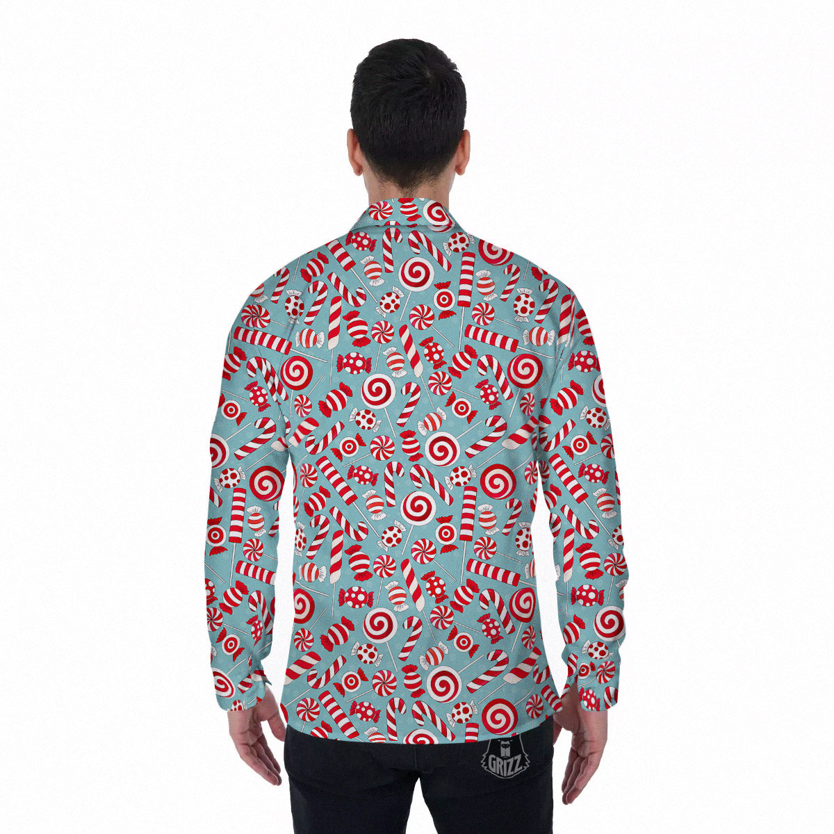 Candy Cane Christmas Print Pattern Men's Long Sleeve Shirts-grizzshop