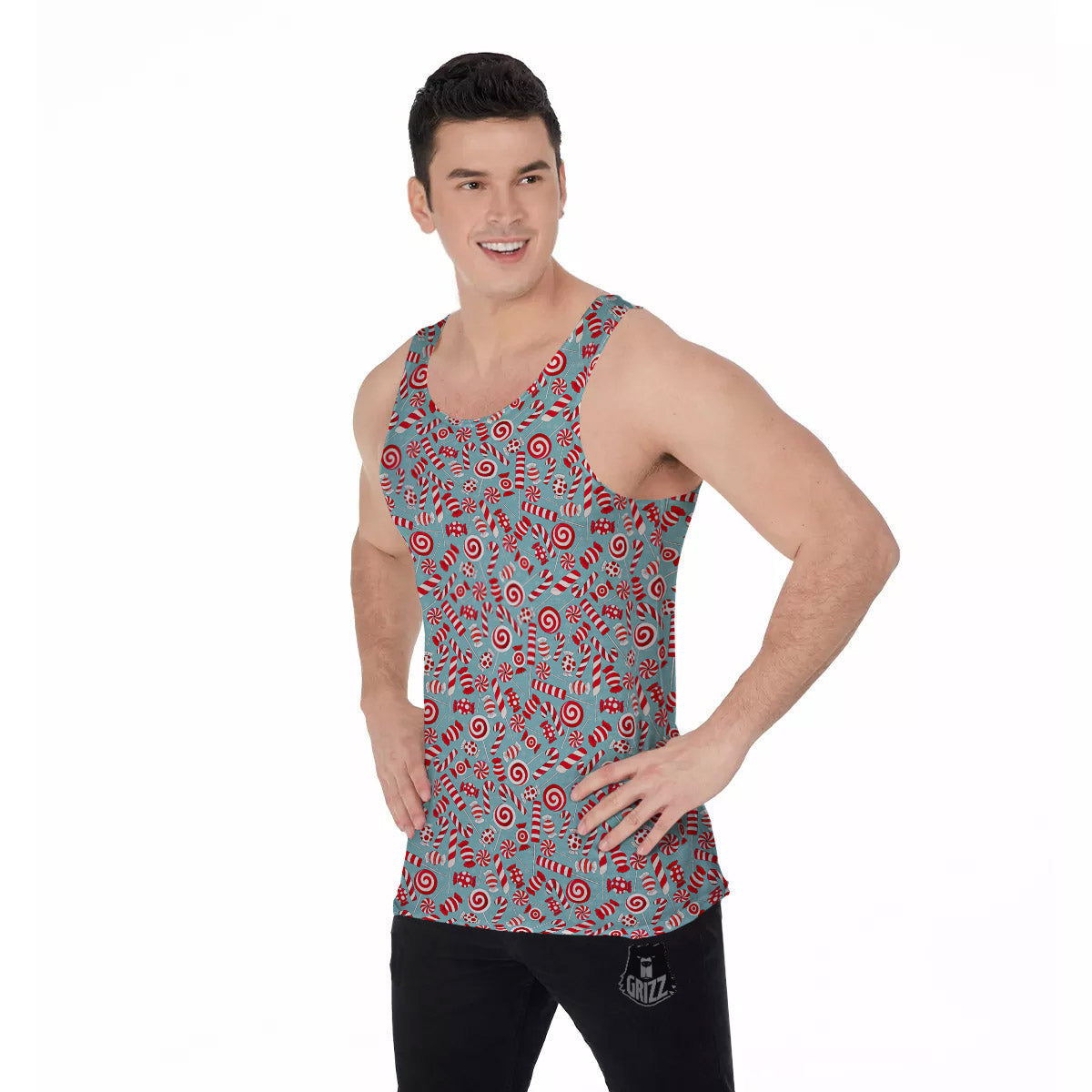 Candy Cane Christmas Print Pattern Men's Tank Top-grizzshop