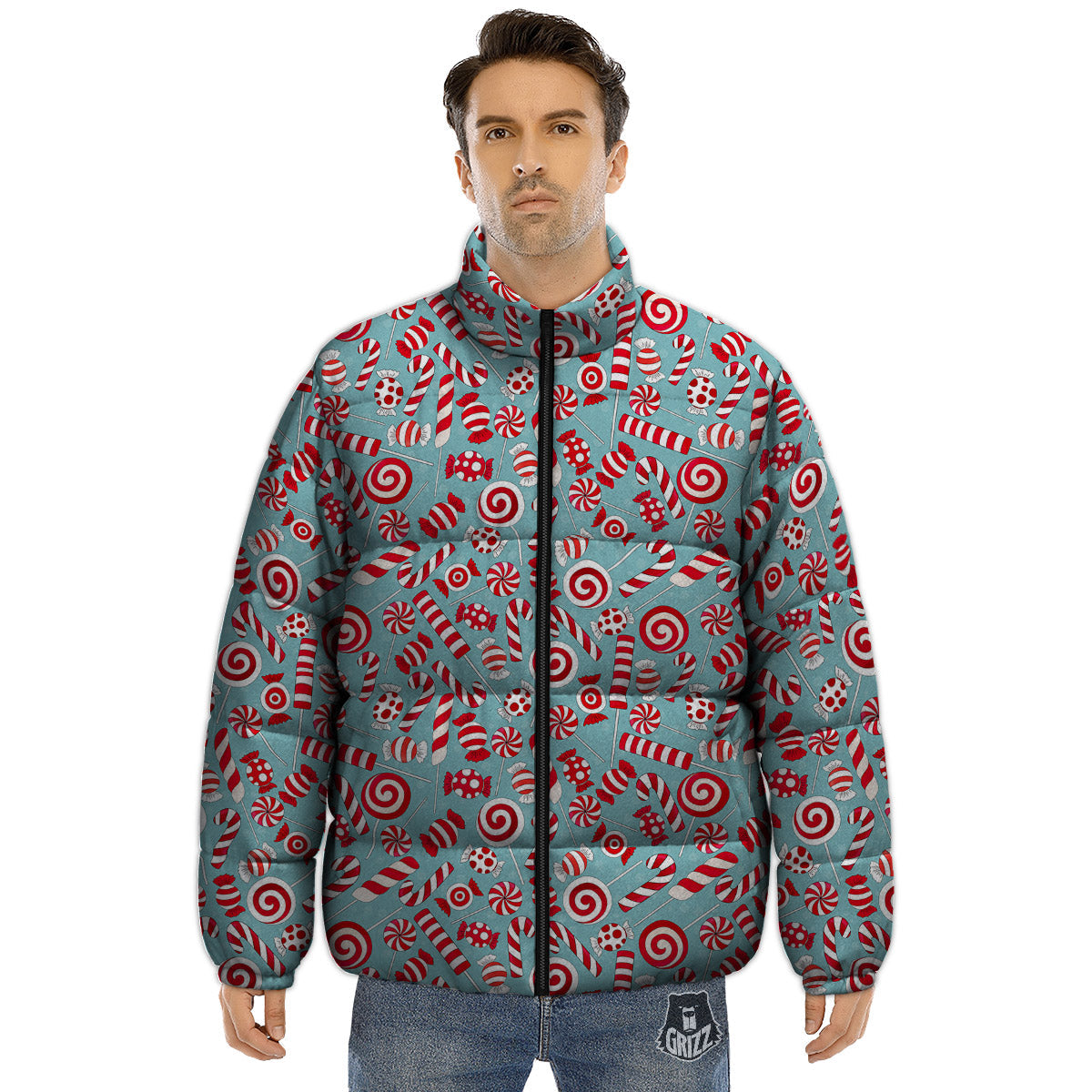 Candy Cane Christmas Print Pattern Puffer Jacket-grizzshop