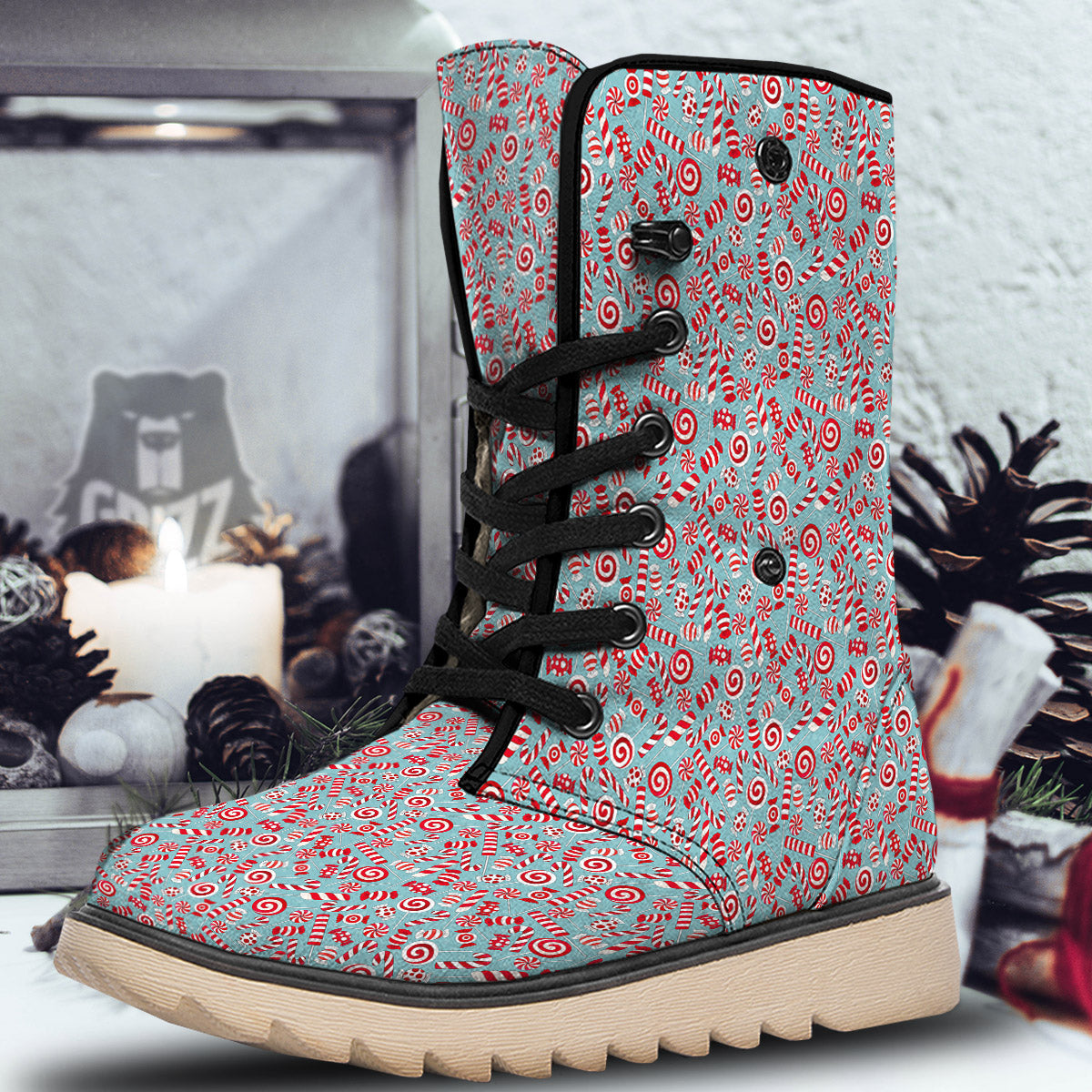 Candy Cane Christmas Print Pattern Snow Boots-grizzshop