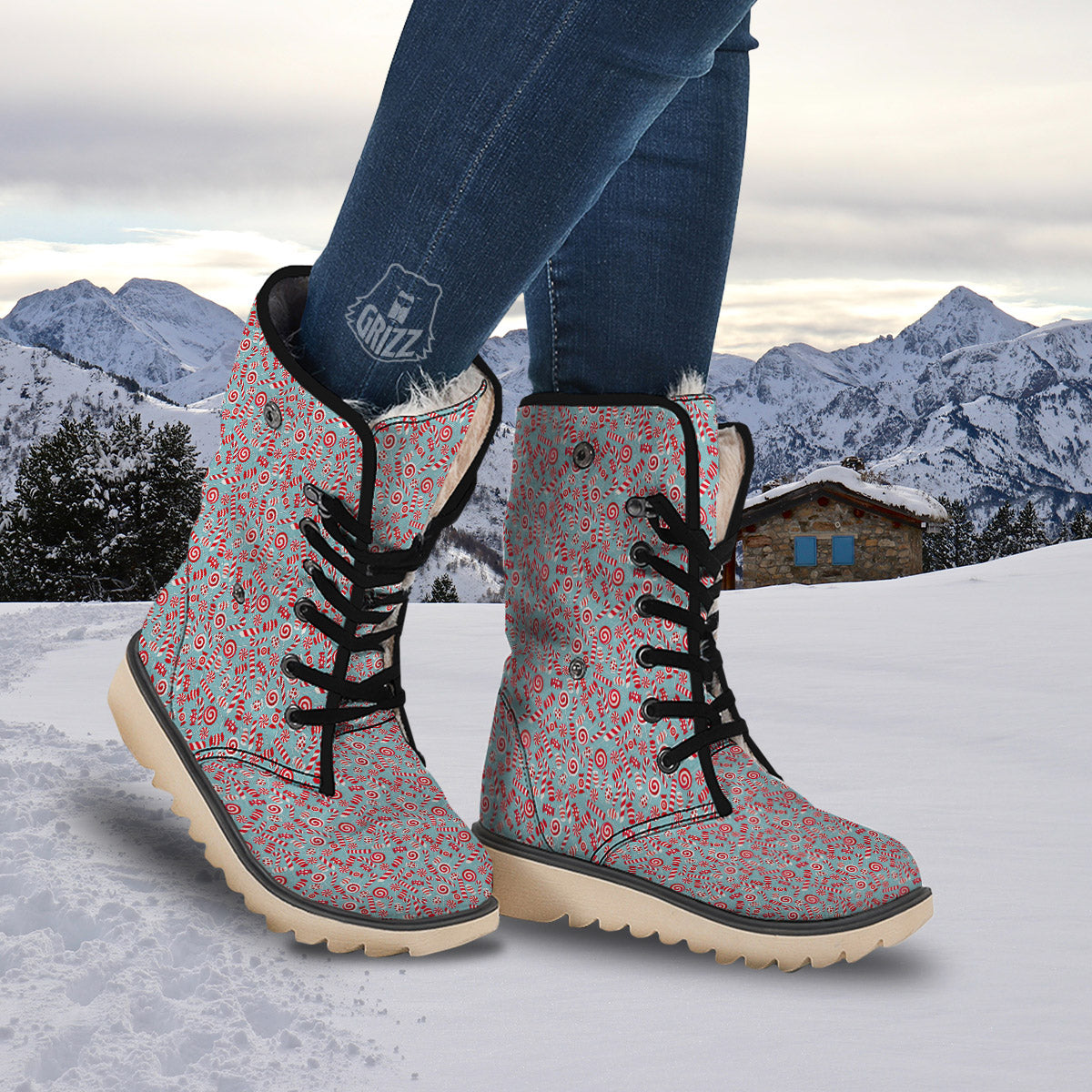Candy Cane Christmas Print Pattern Snow Boots-grizzshop