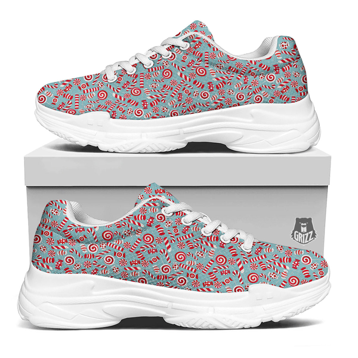 Candy Cane Christmas Print Pattern White Chunky Shoes-grizzshop