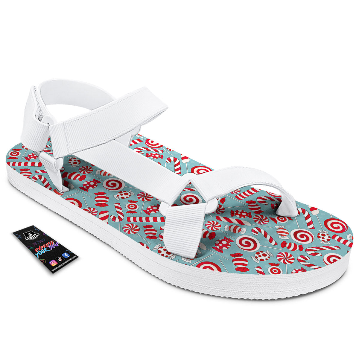 Candy Cane Christmas Print Pattern White Open Toe Sandals-grizzshop