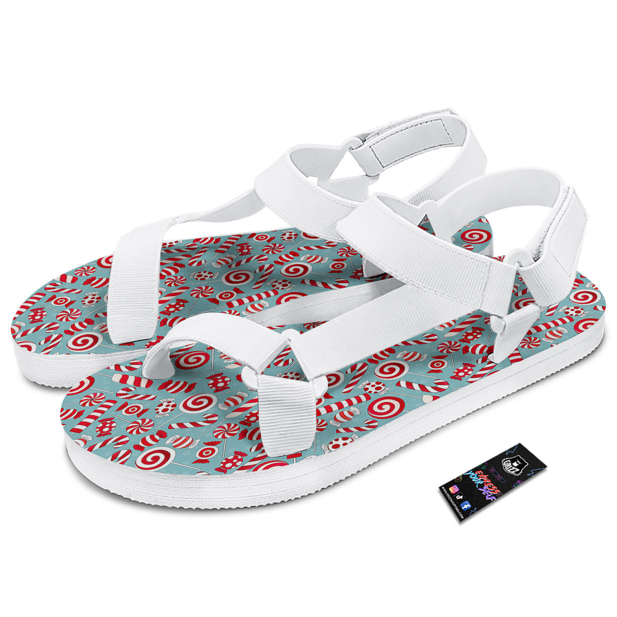 Candy Cane Christmas Print Pattern White Open Toe Sandals-grizzshop