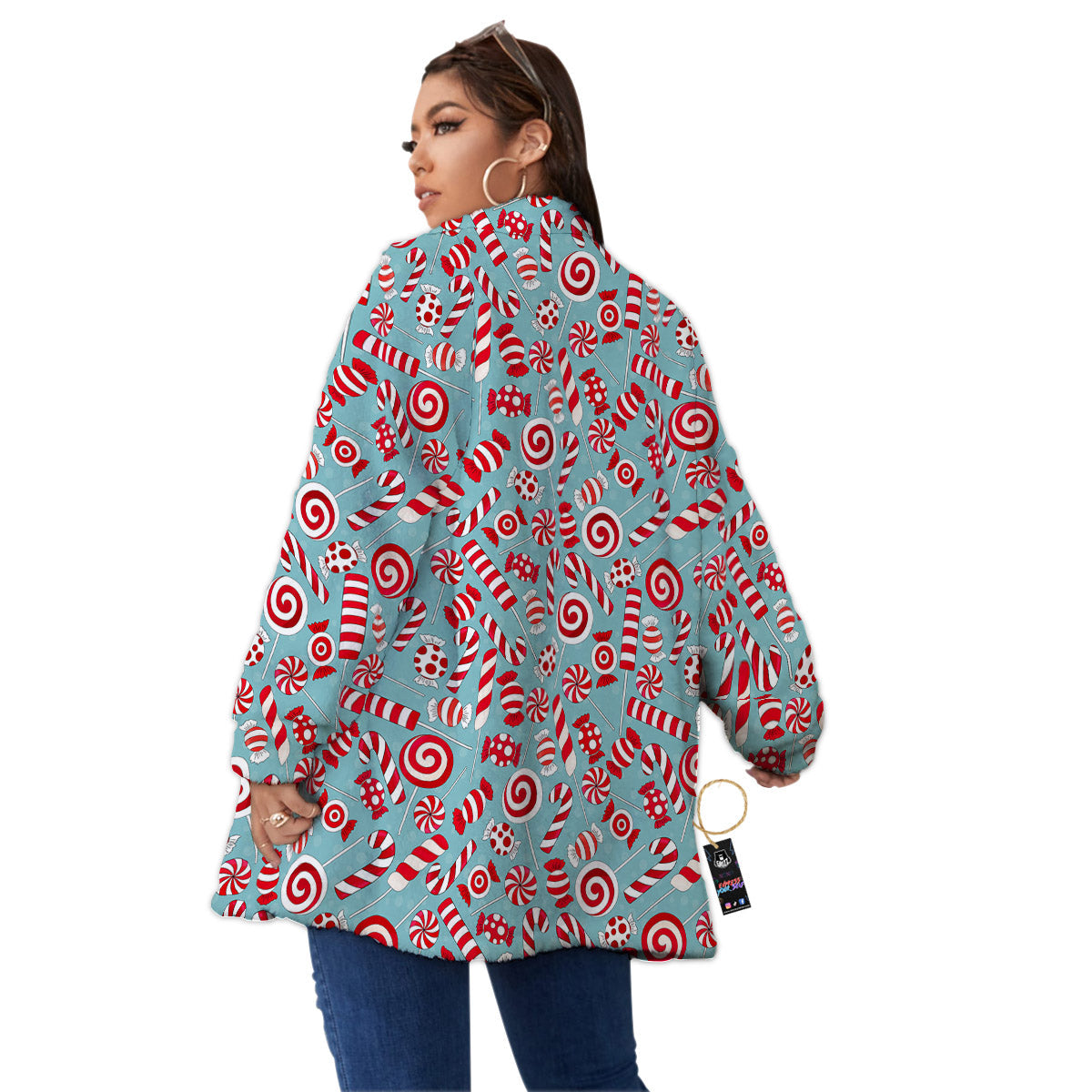 Candy Cane Christmas Print Pattern Women's Sherpa Jacket-grizzshop
