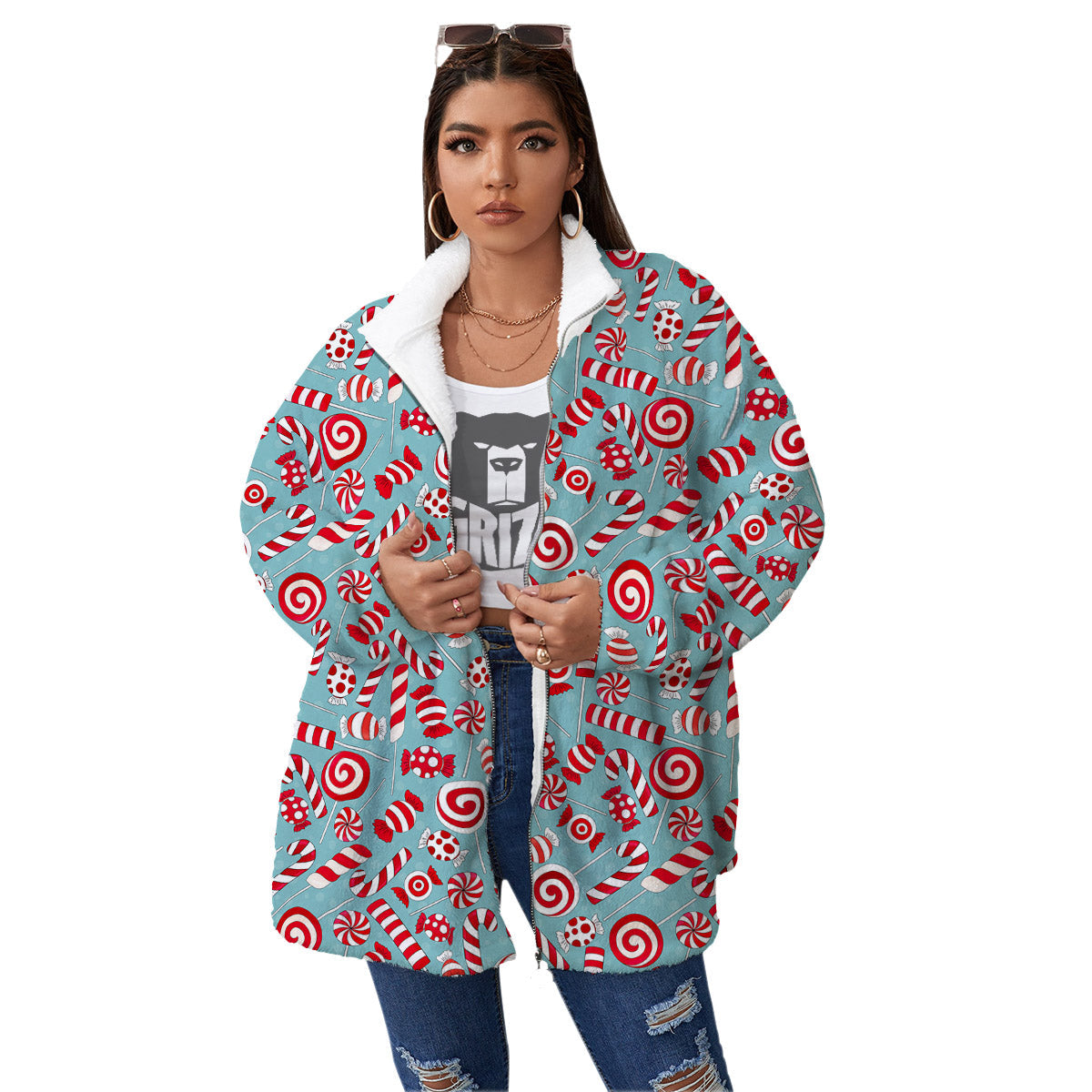 Candy Cane Christmas Print Pattern Women's Sherpa Jacket-grizzshop