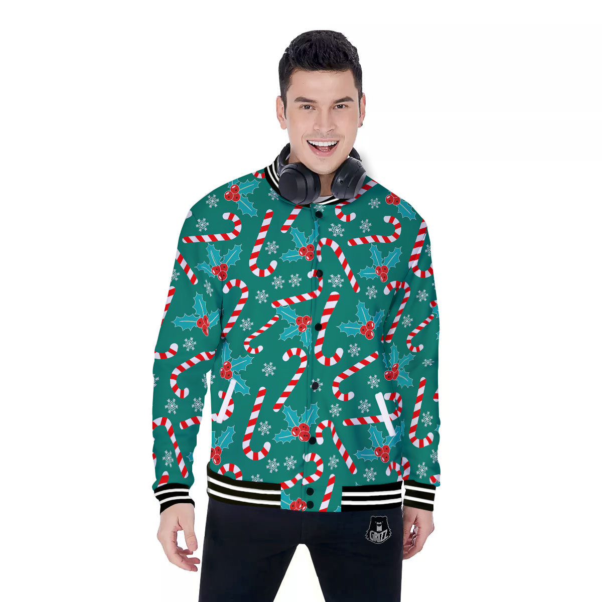 Candy Cane Merry Christmas Print Pattern Baseball Jacket-grizzshop