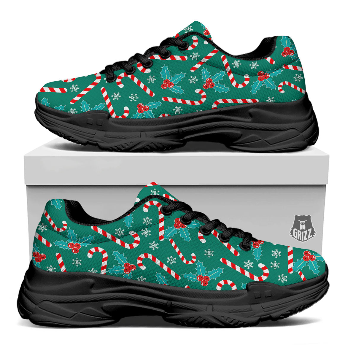 Candy Cane Merry Christmas Print Pattern Black Chunky Shoes-grizzshop