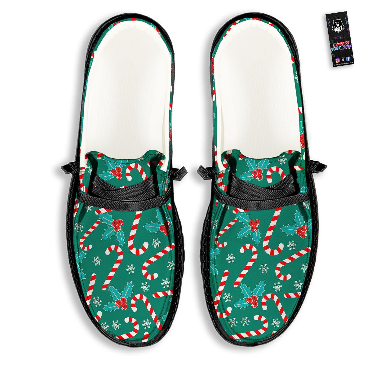 Candy Cane Merry Christmas Print Pattern Black Loafers-grizzshop