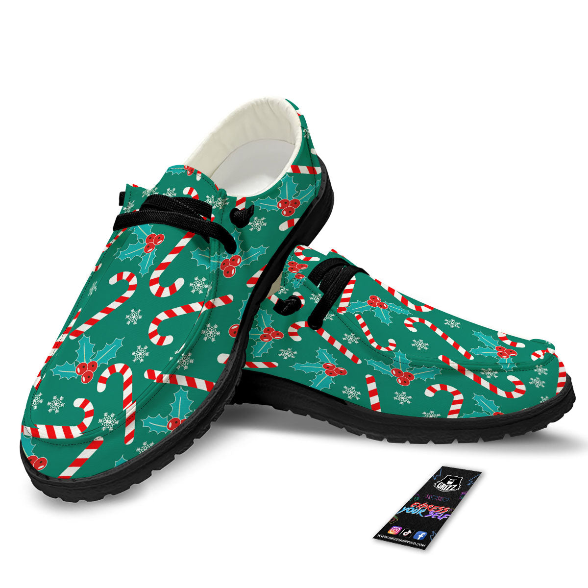 Candy Cane Merry Christmas Print Pattern Black Loafers-grizzshop