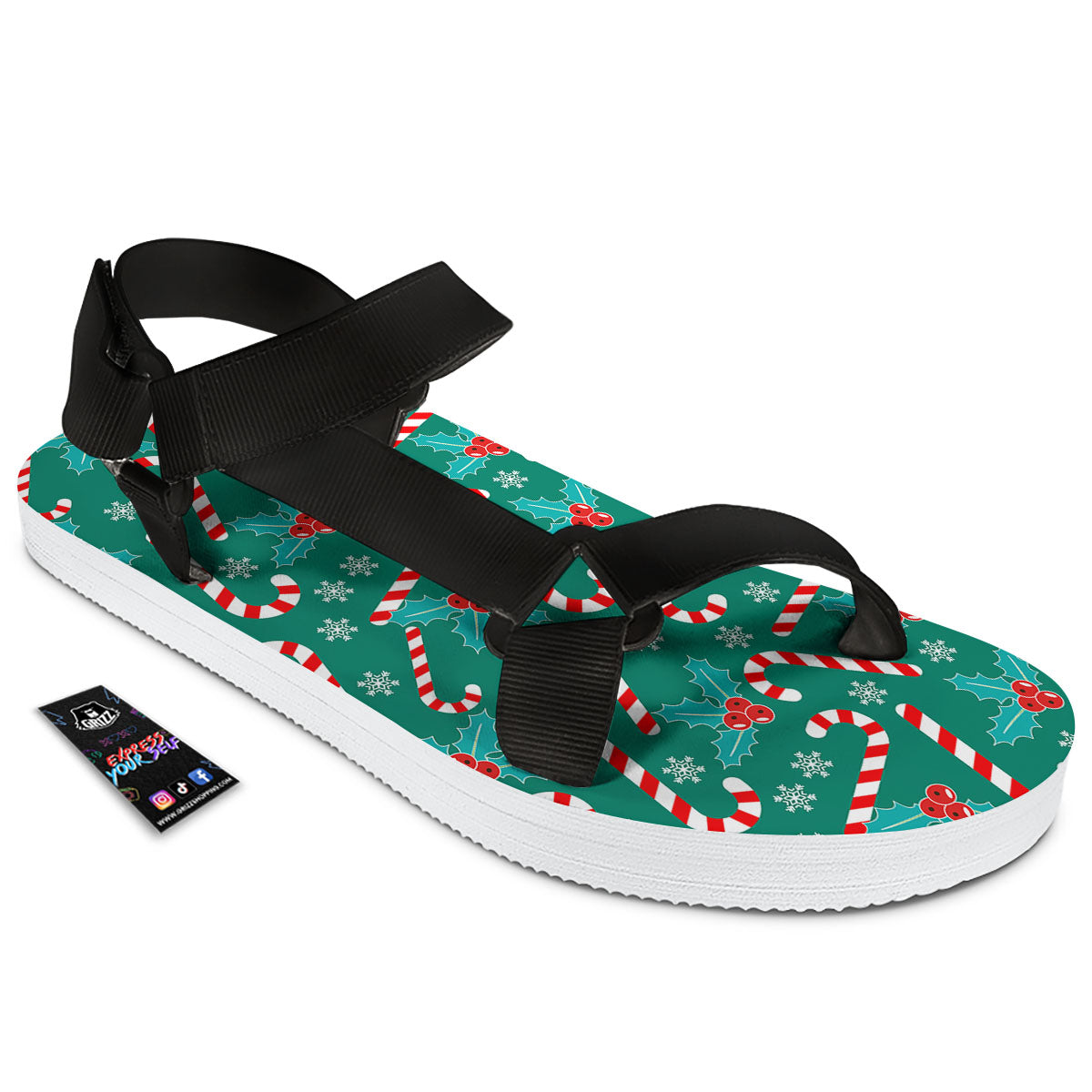 Candy Cane Merry Christmas Print Pattern Black Open Toe Sandals-grizzshop
