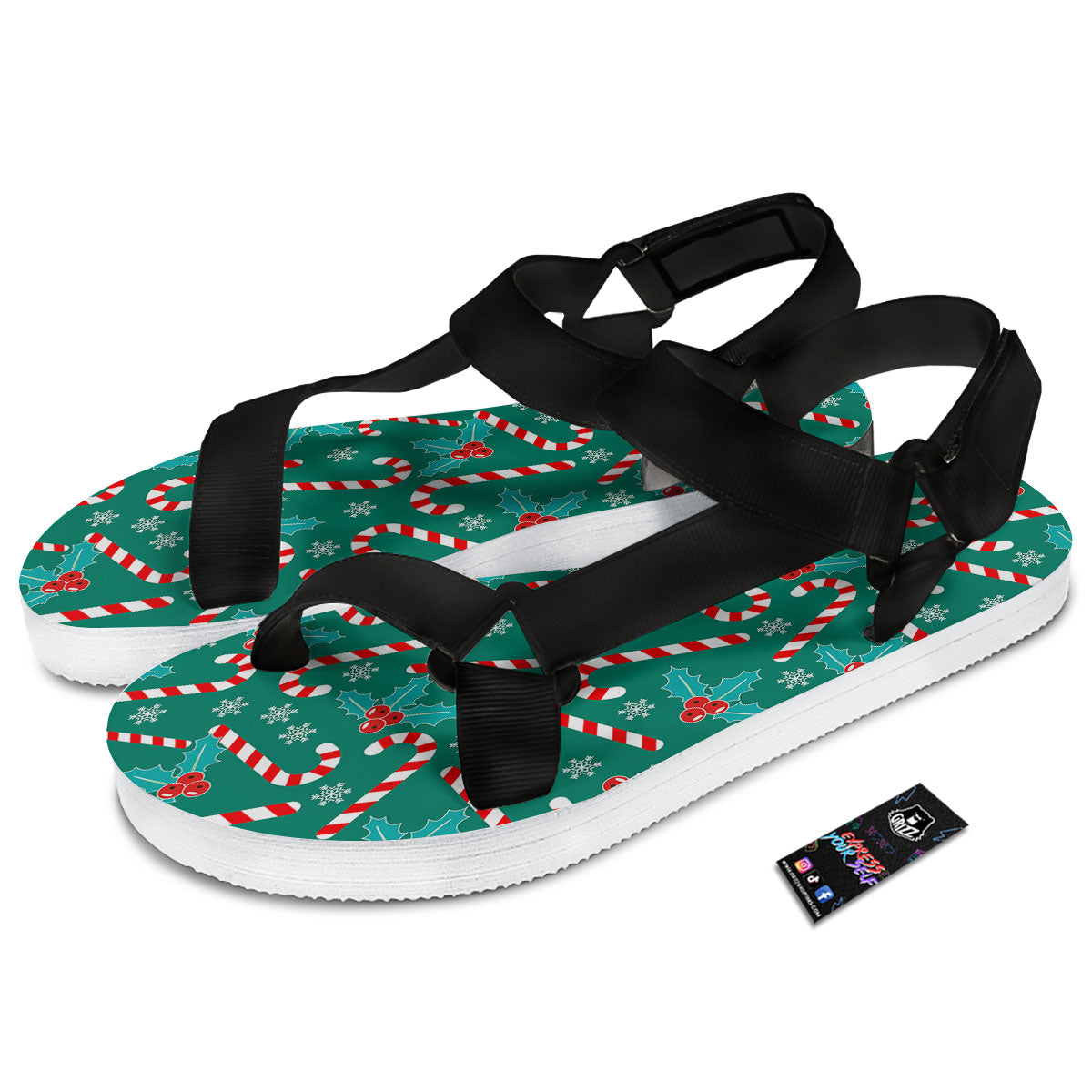 Candy Cane Merry Christmas Print Pattern Black Open Toe Sandals-grizzshop