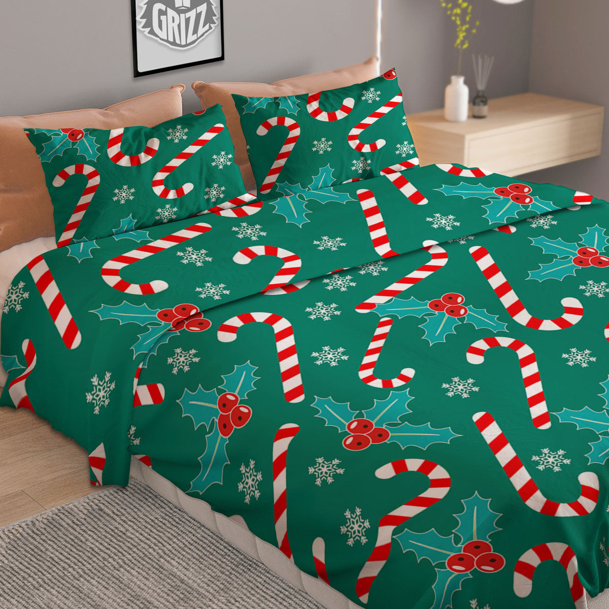 Candy Cane Merry Christmas Print Pattern Duvet Cover Bedding Set