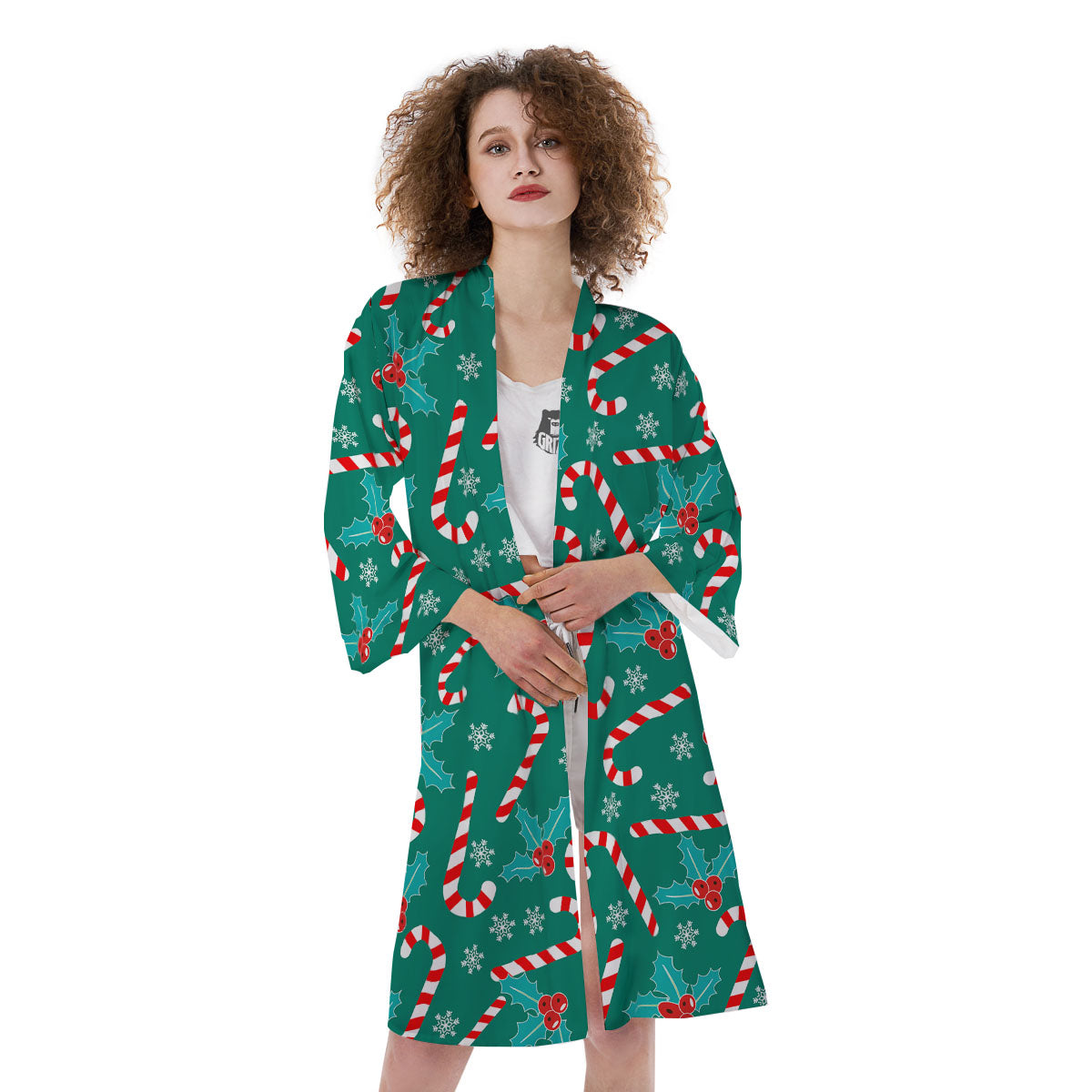 Candy Cane Merry Christmas Print Pattern Kimono-grizzshop