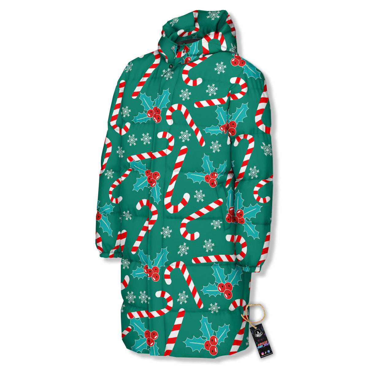 Candy Cane Merry Christmas Print Pattern Long Down Jacket-grizzshop