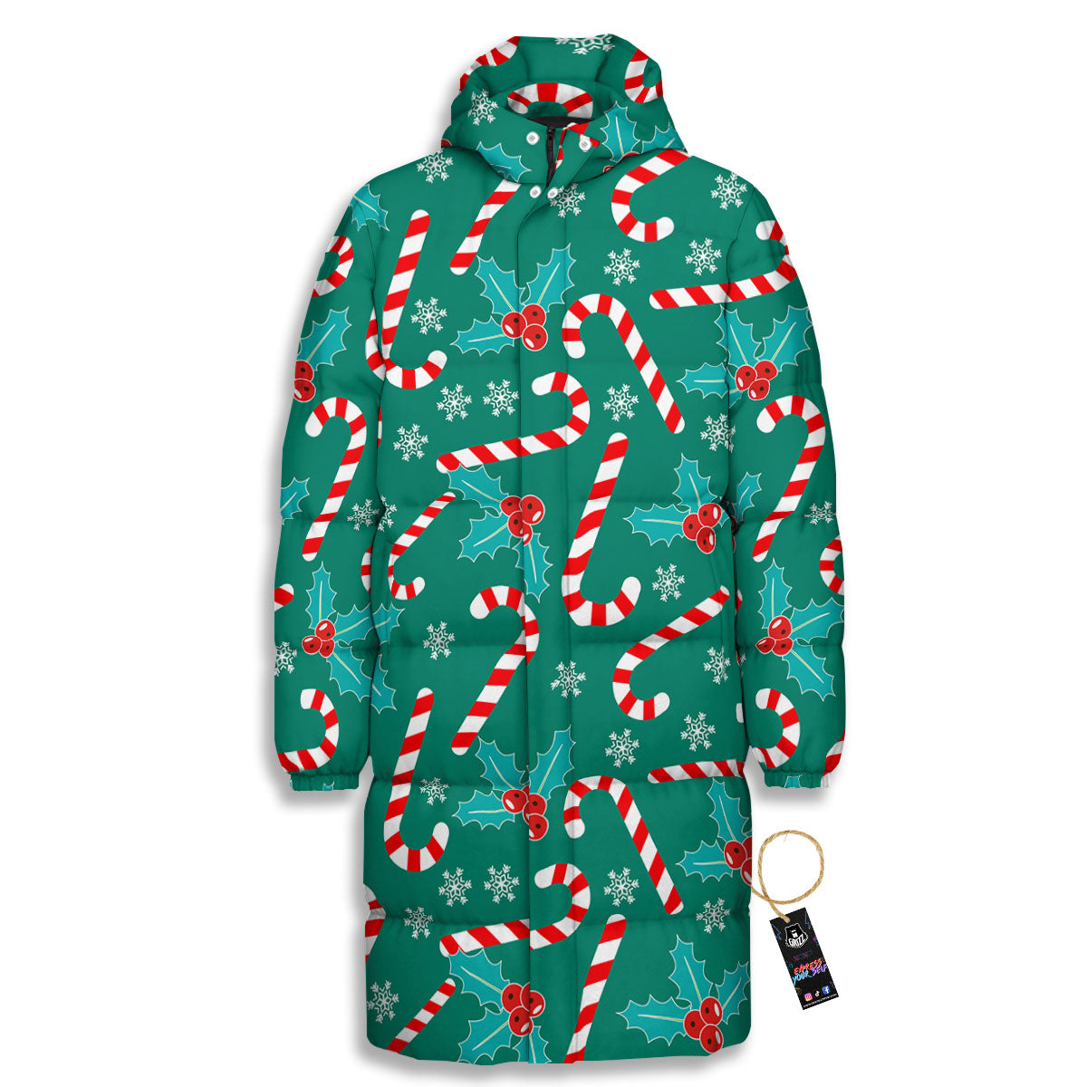 Candy Cane Merry Christmas Print Pattern Long Down Jacket-grizzshop
