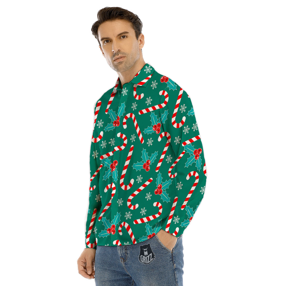 Candy Cane Merry Christmas Print Pattern Men's Dress Shirts-grizzshop