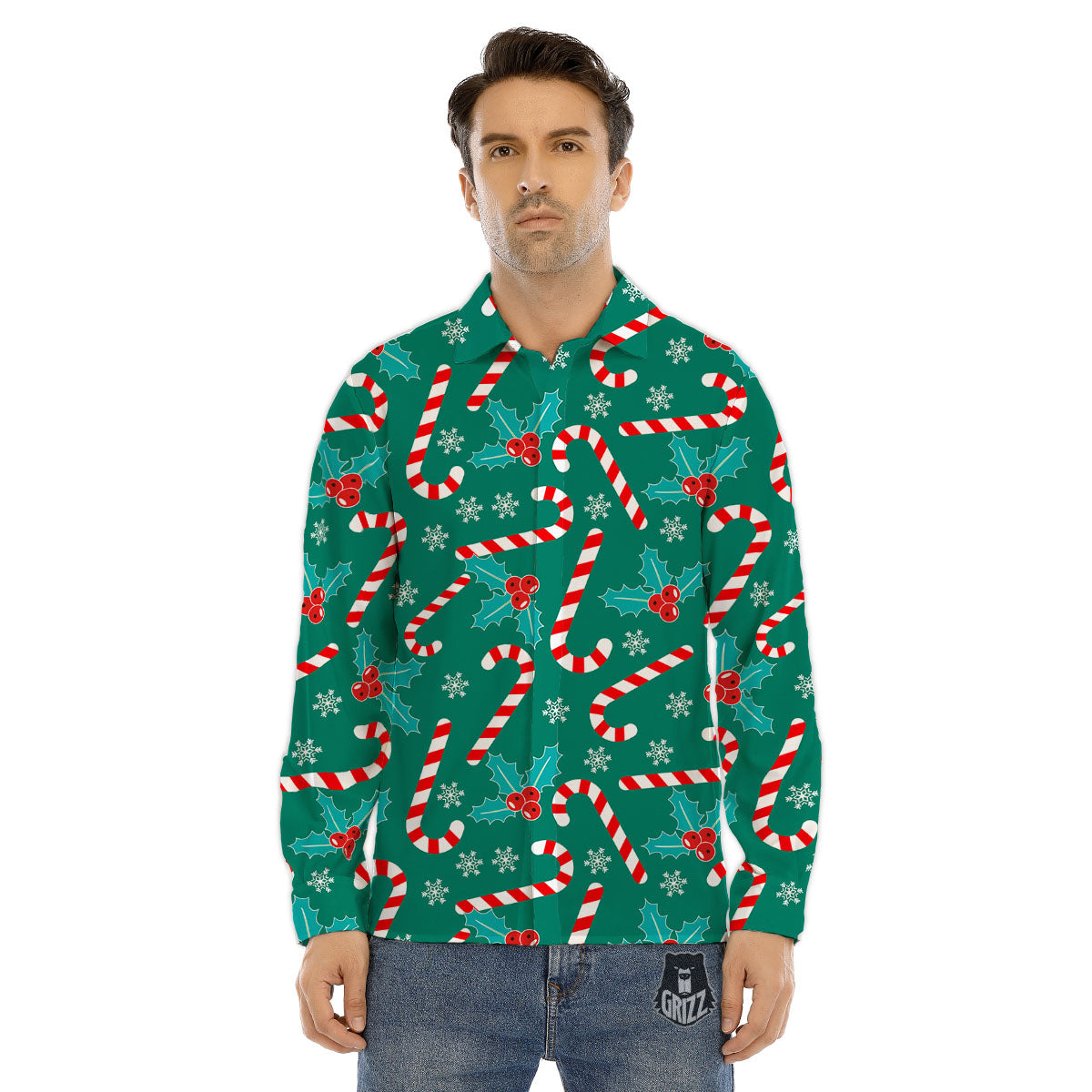 Candy Cane Merry Christmas Print Pattern Men's Dress Shirts-grizzshop
