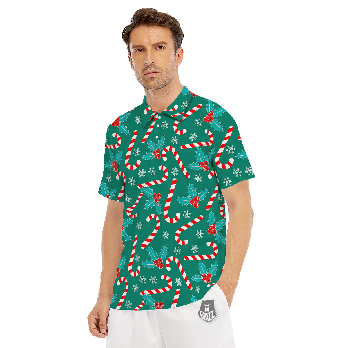 Candy Cane Merry Christmas Print Pattern Men's Golf Shirts-grizzshop