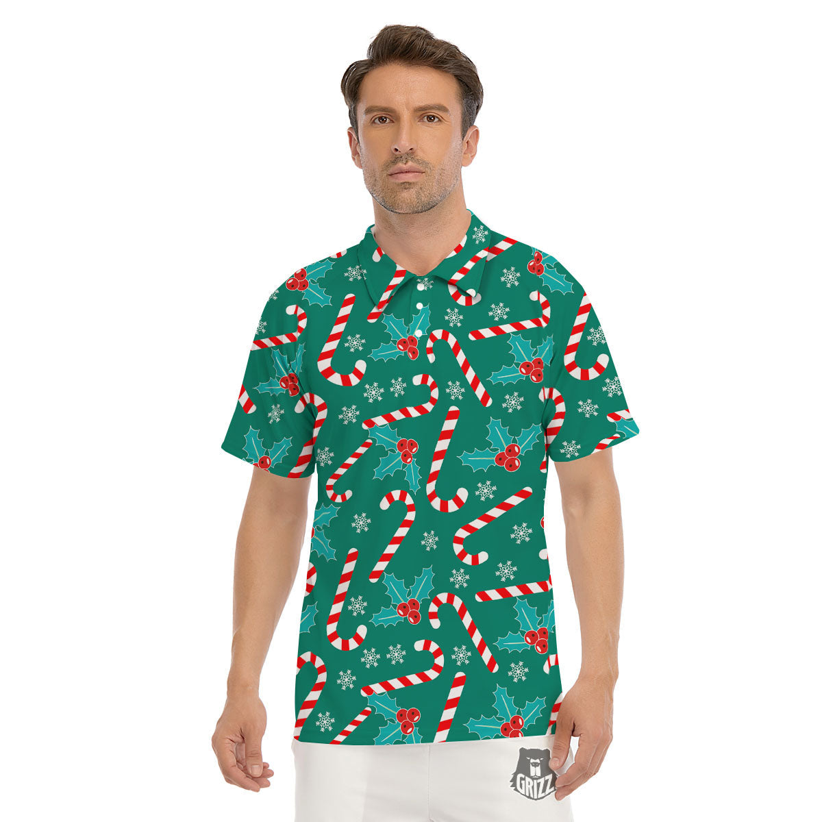Candy Cane Merry Christmas Print Pattern Men's Golf Shirts-grizzshop