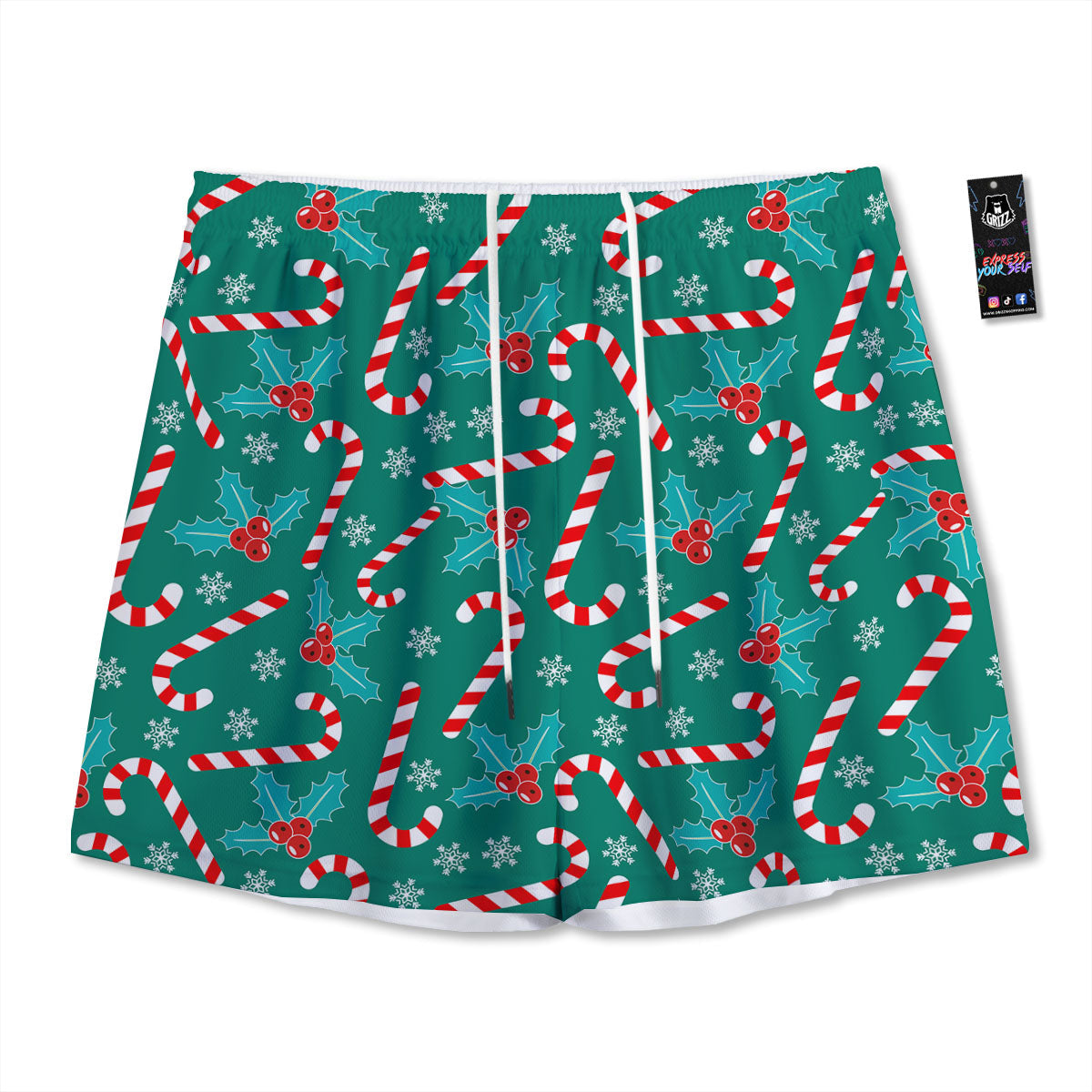 Candy Cane Merry Christmas Print Pattern Mesh Shorts