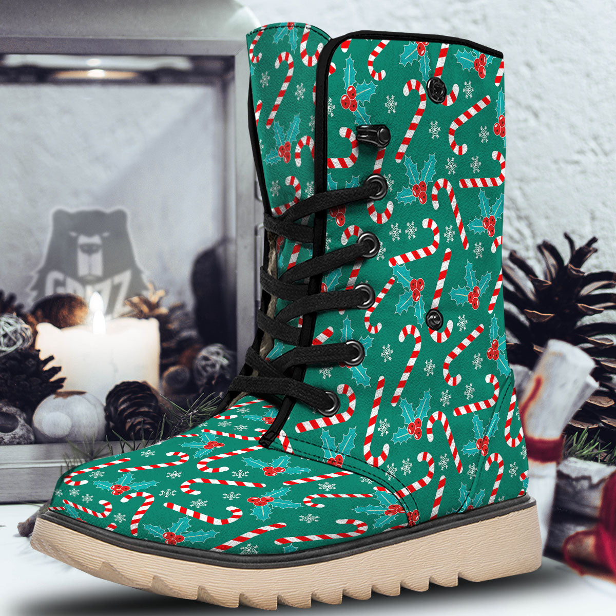 Candy Cane Merry Christmas Print Pattern Snow Boots-grizzshop
