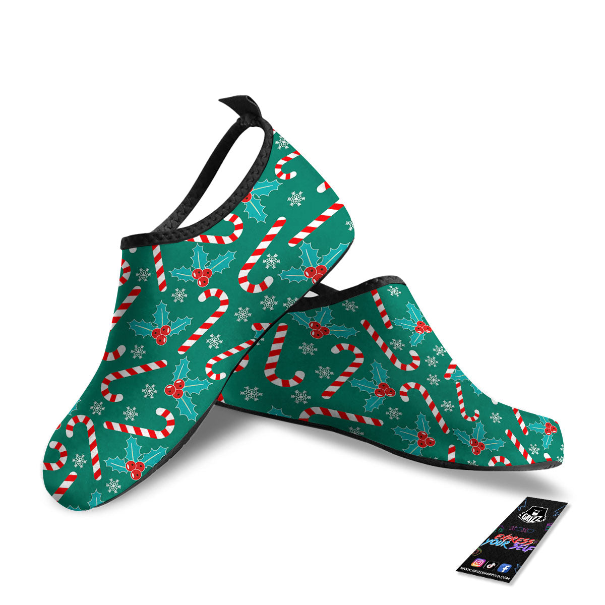 Candy Cane Merry Christmas Print Pattern Water Shoes-grizzshop