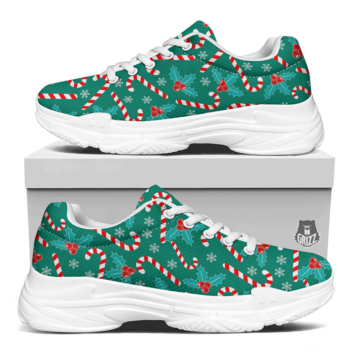 Candy Cane Merry Christmas Print Pattern White Chunky Shoes-grizzshop