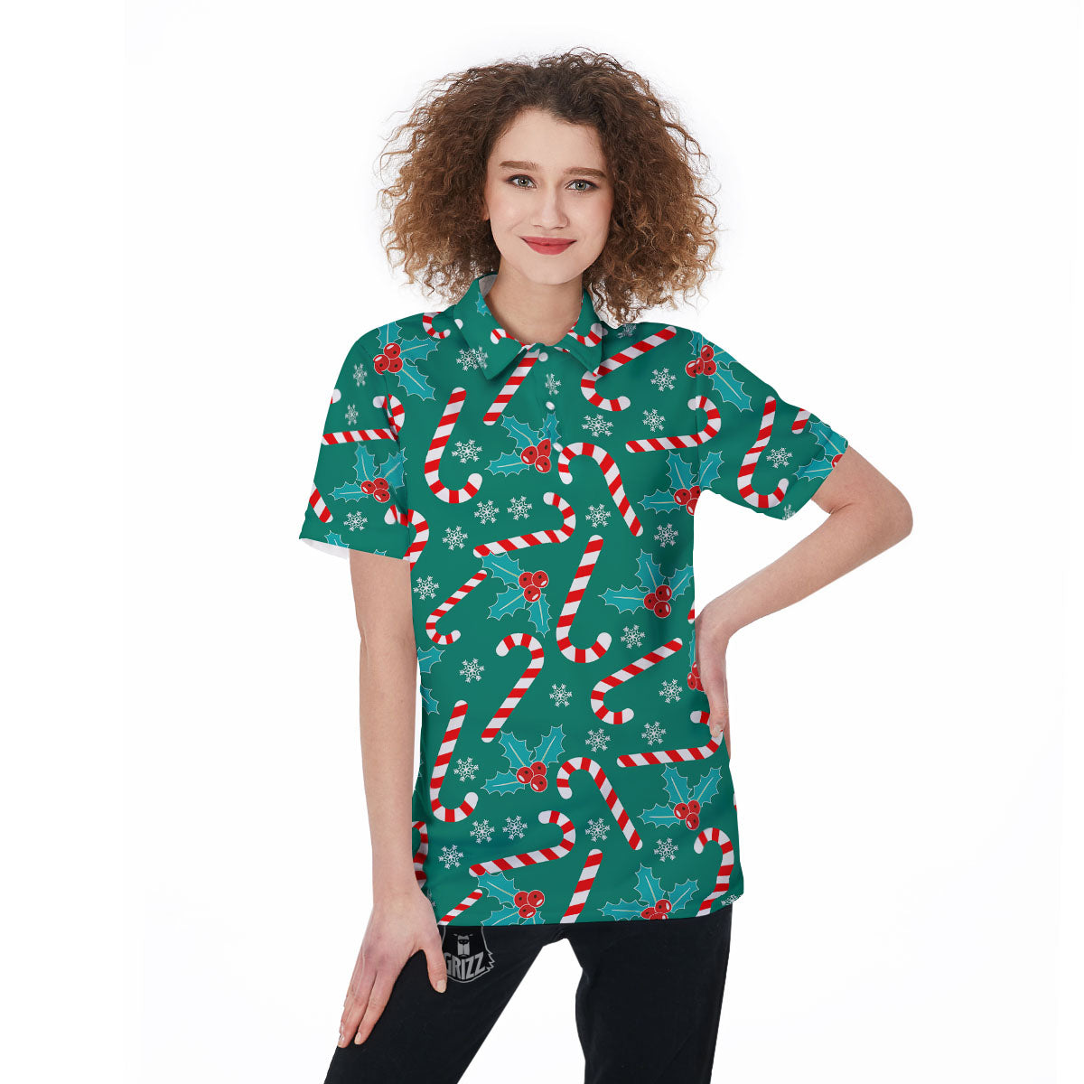 Candy Cane Merry Christmas Print Pattern Women's Golf Shirts-grizzshop
