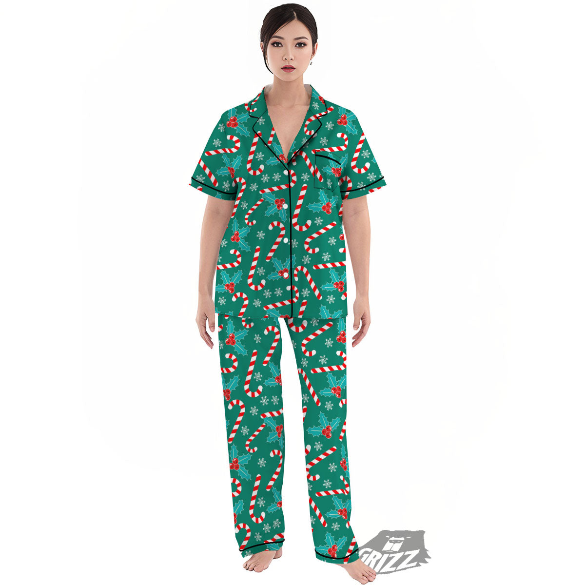 Candy Cane Merry Christmas Print Pattern Women's Pajamas Set-grizzshop
