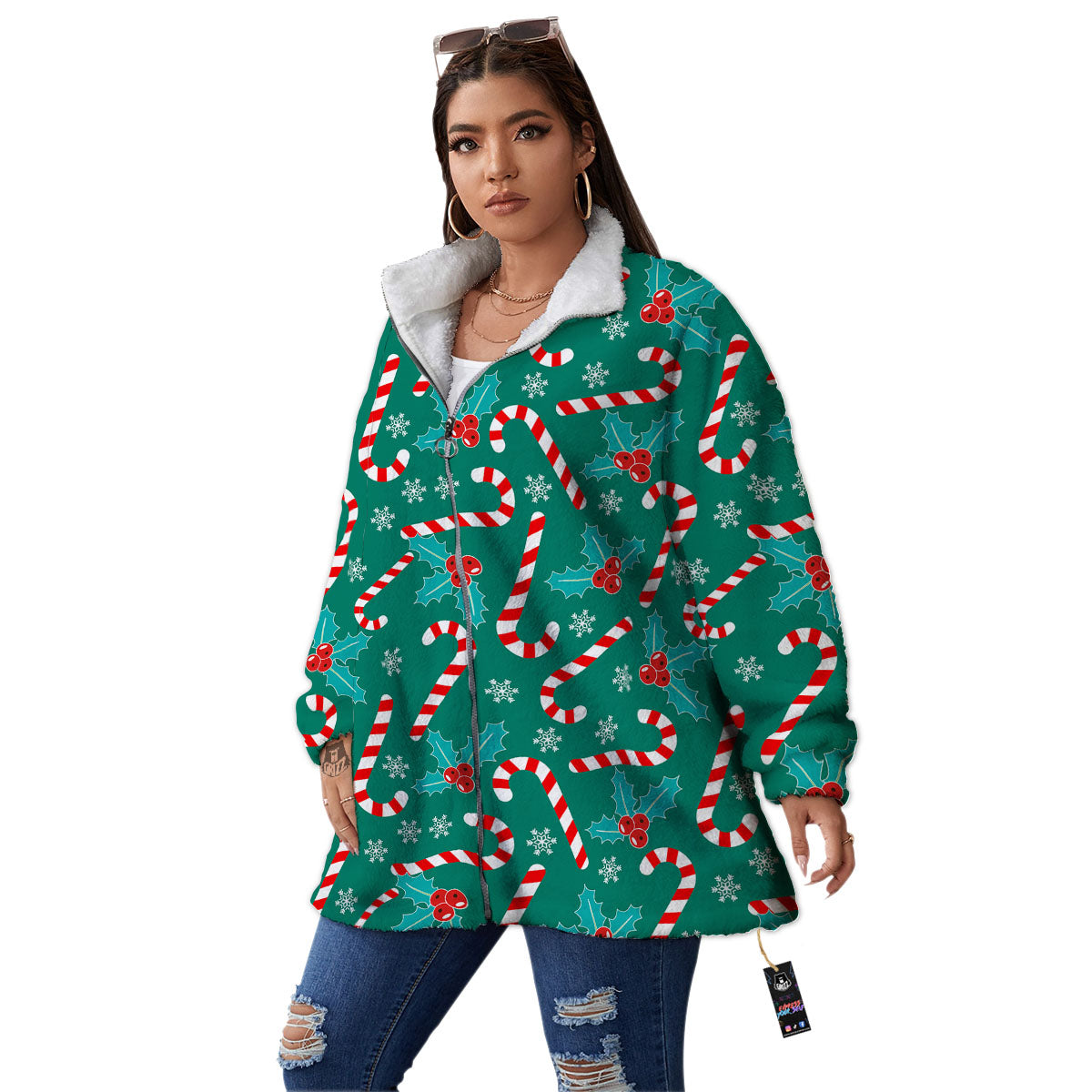 Candy Cane Merry Christmas Print Pattern Women's Sherpa Jacket-grizzshop