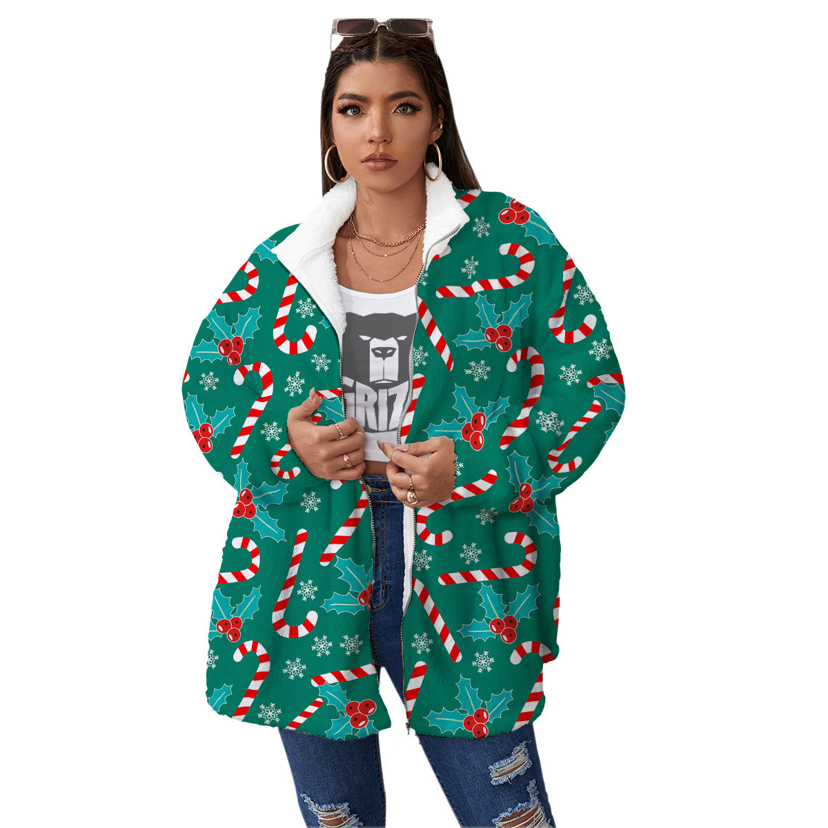 Candy Cane Merry Christmas Print Pattern Women's Sherpa Jacket-grizzshop