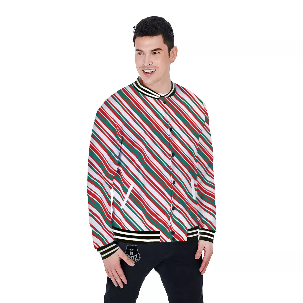 Candy Cane Stripe Christmas Print Baseball Jacket-grizzshop
