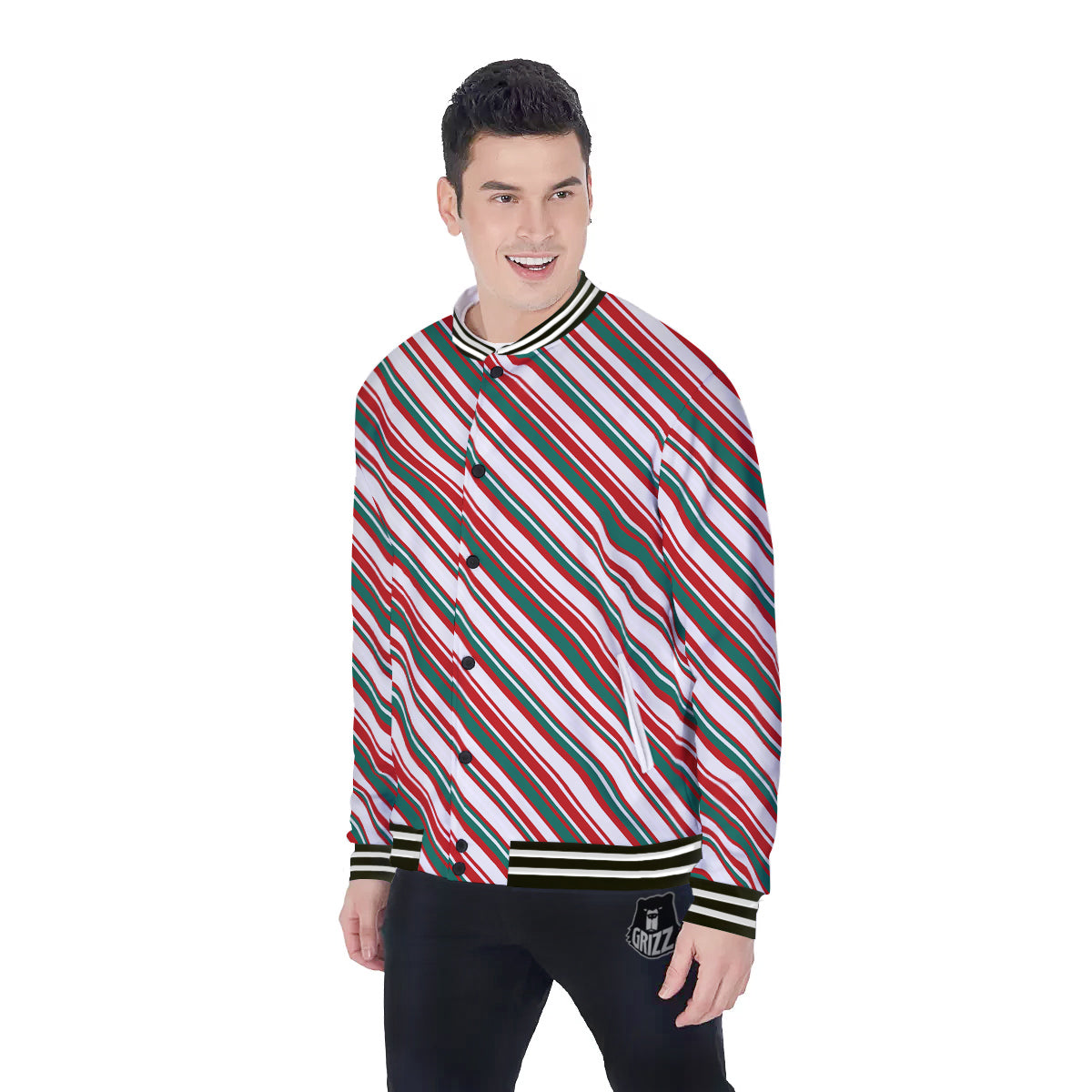 Candy Cane Stripe Christmas Print Baseball Jacket-grizzshop