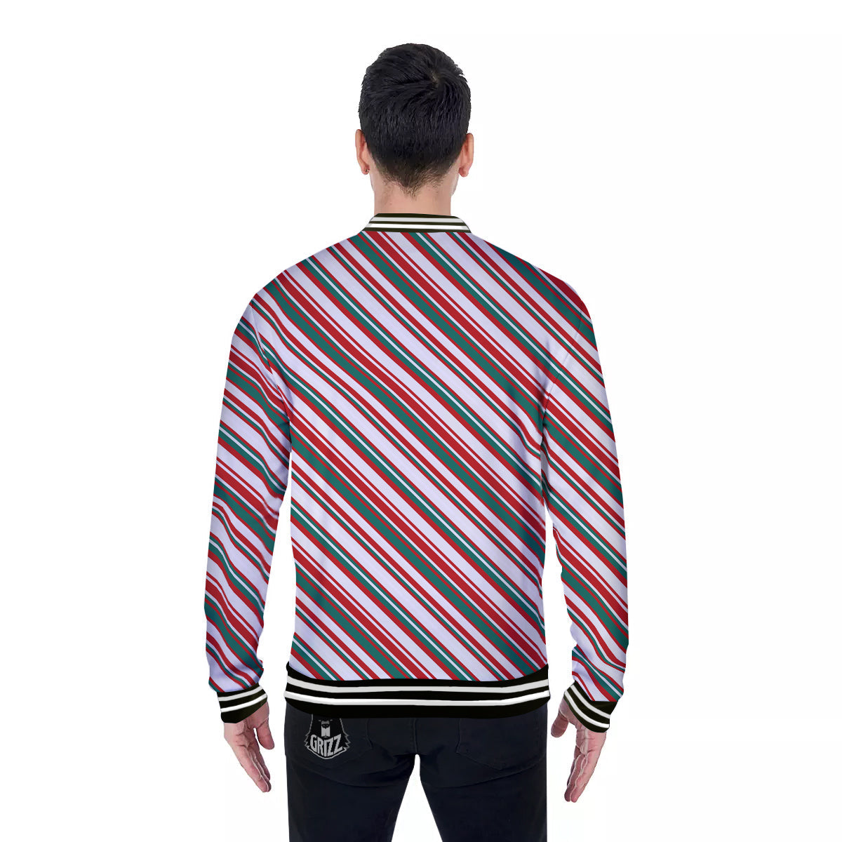 Candy Cane Stripe Christmas Print Baseball Jacket-grizzshop