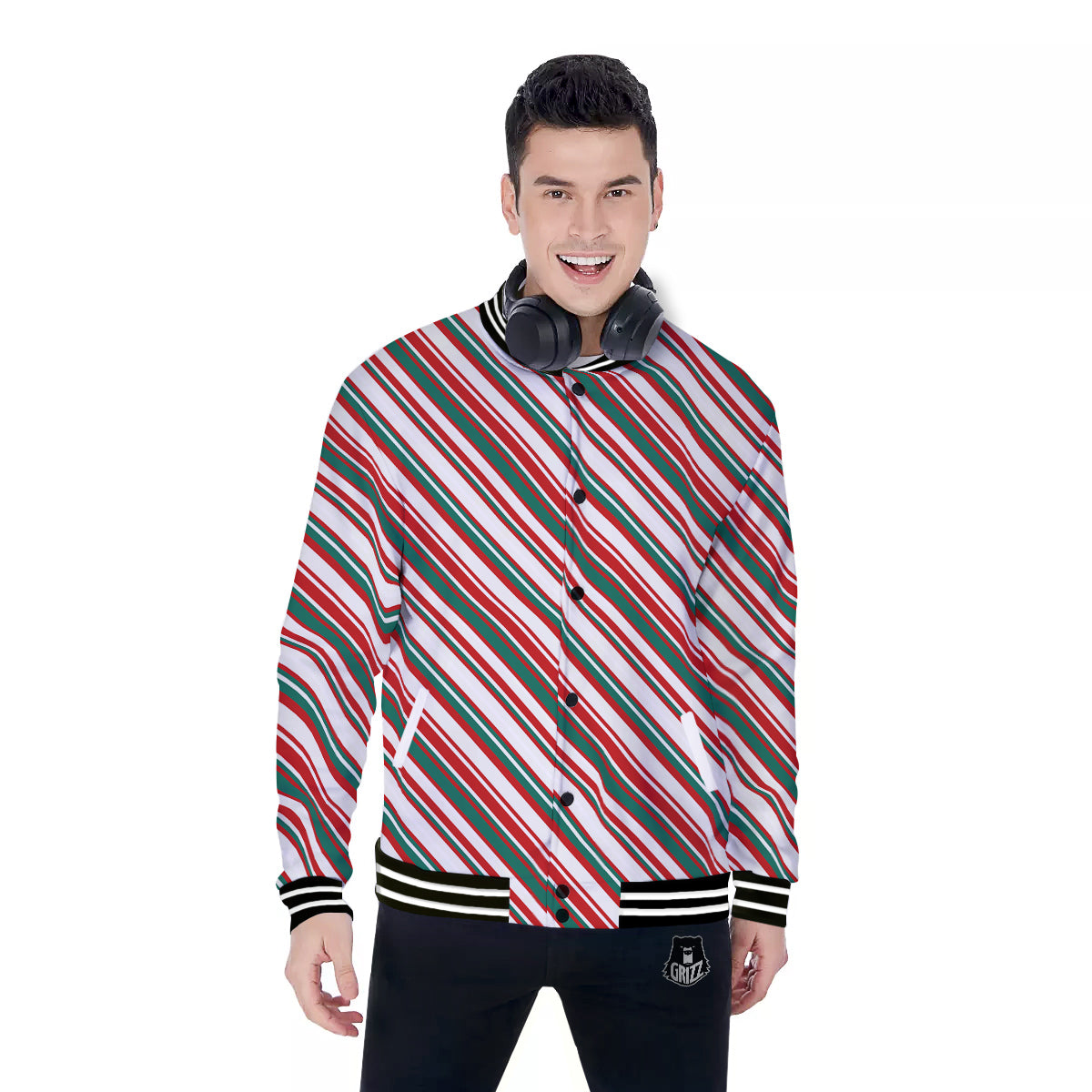 Candy Cane Stripe Christmas Print Baseball Jacket-grizzshop