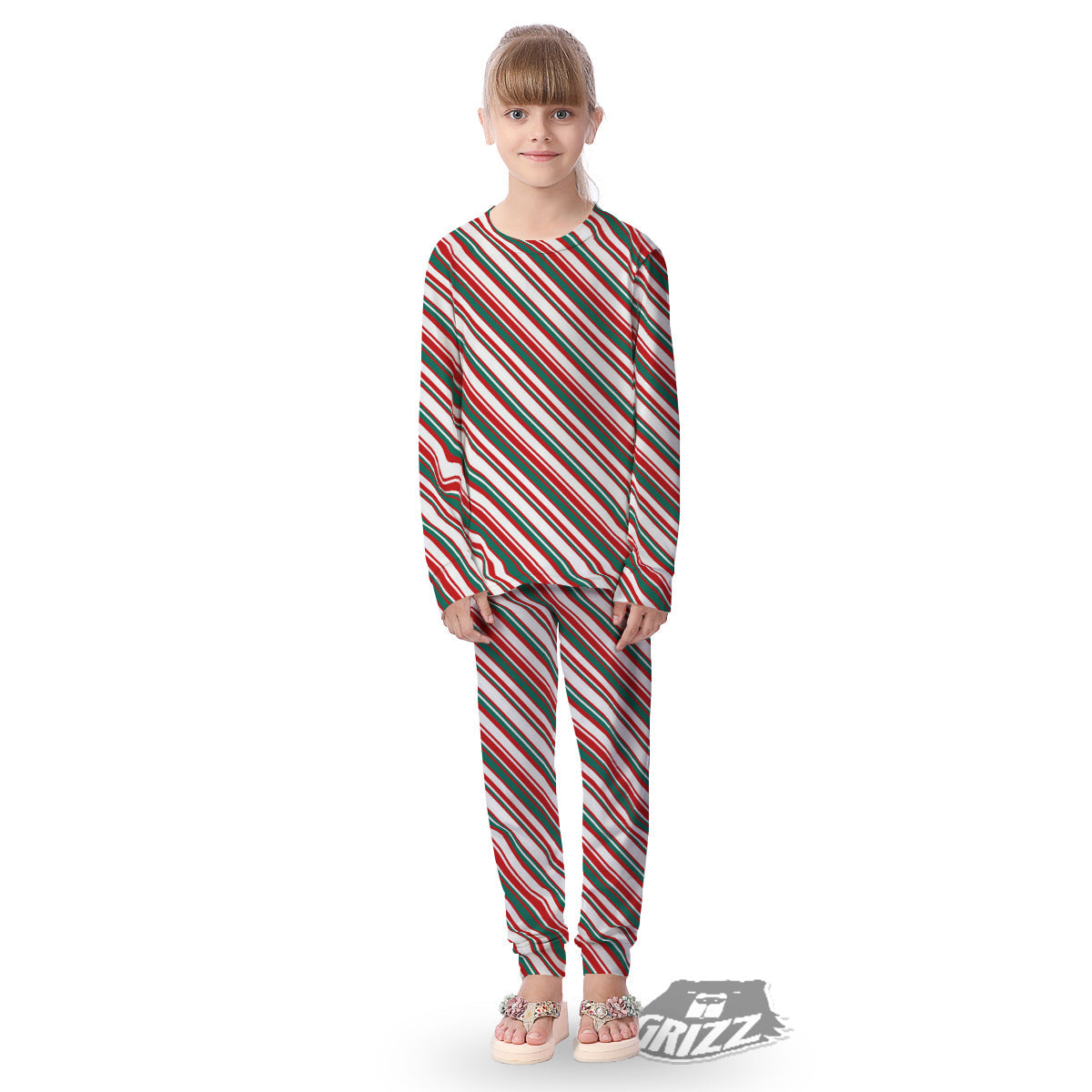 Candy Cane Stripe Christmas Print Kid's Pajamas-grizzshop