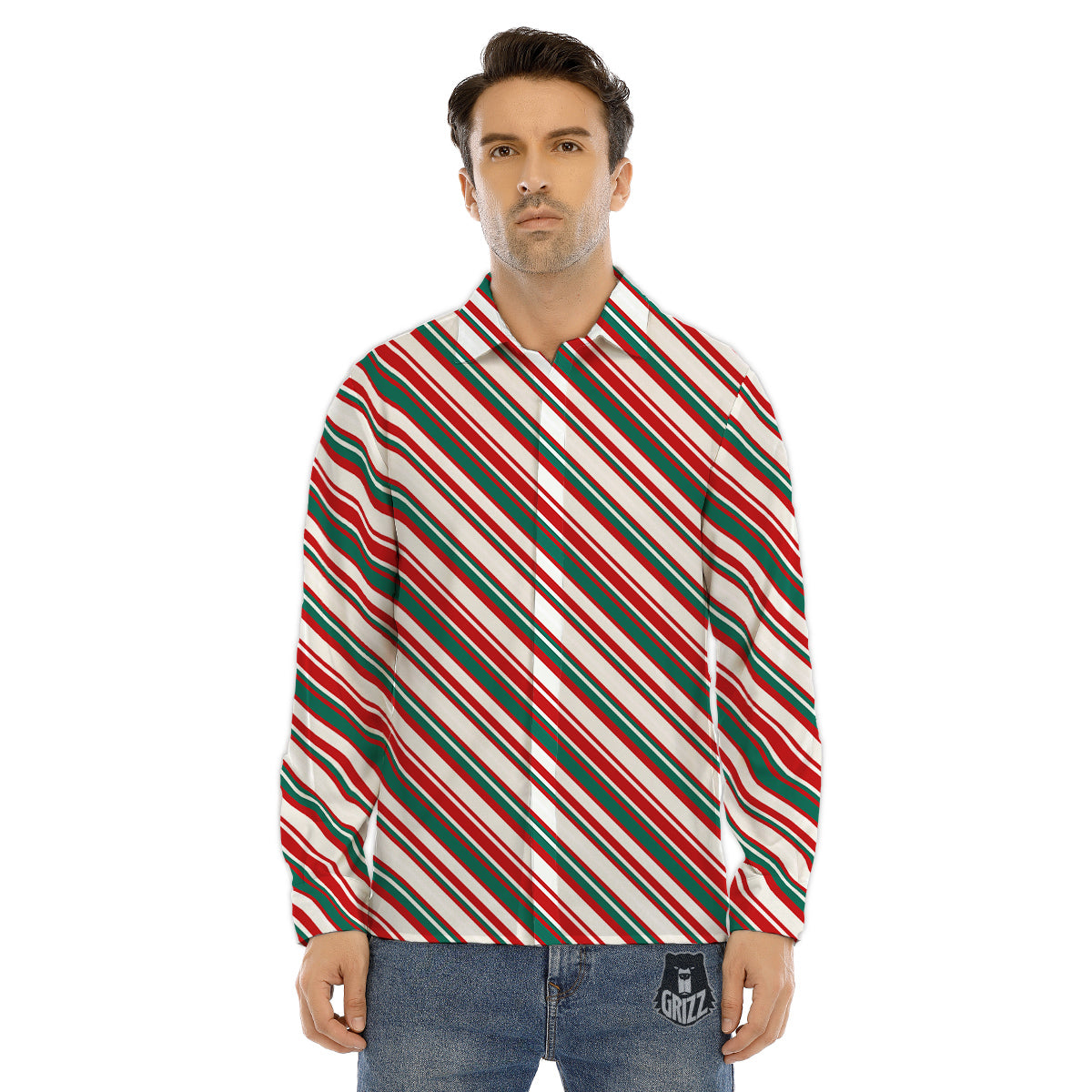 Candy Cane Stripe Christmas Print Men's Dress Shirts-grizzshop
