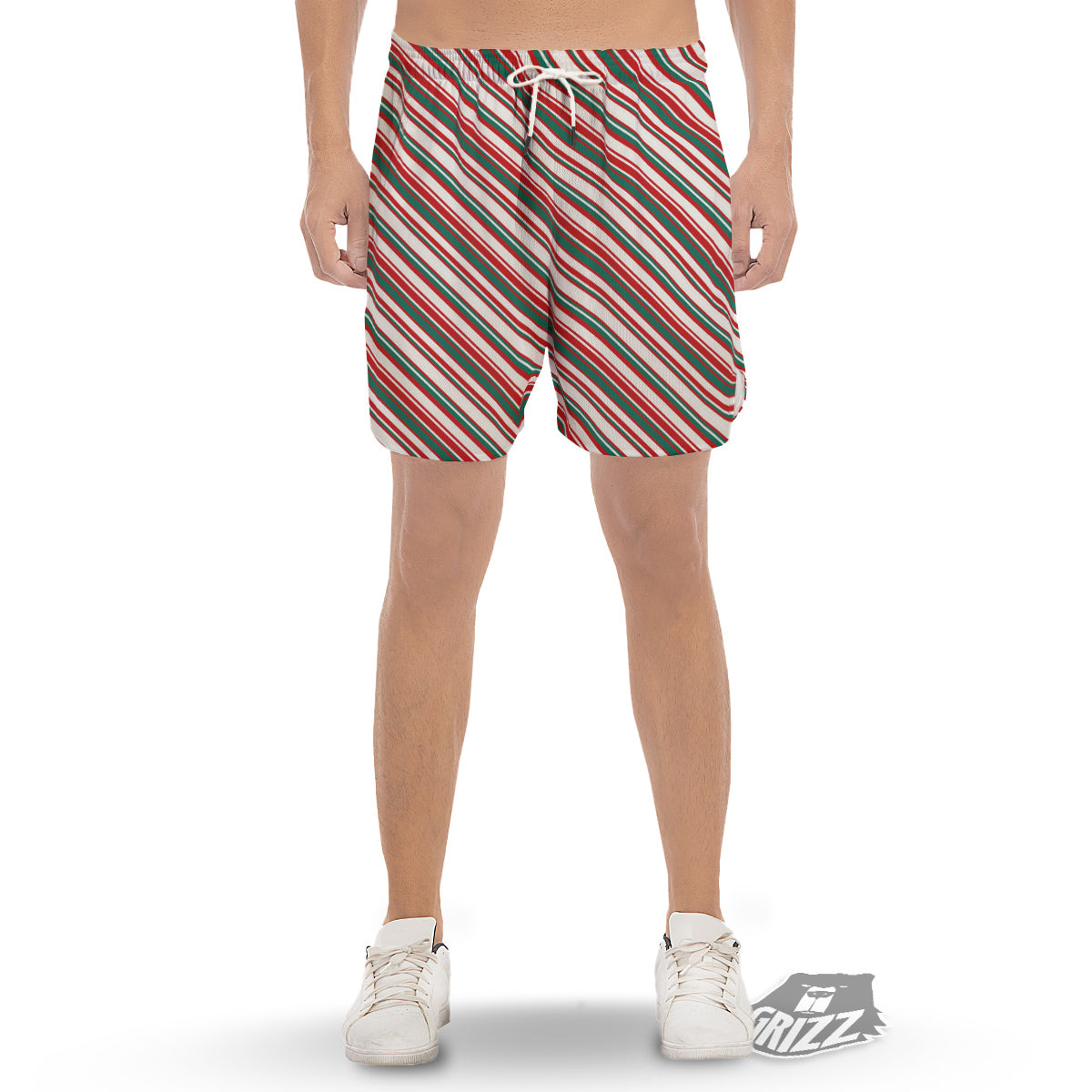 Candy Cane Stripe Christmas Print Men's Gym Shorts-grizzshop