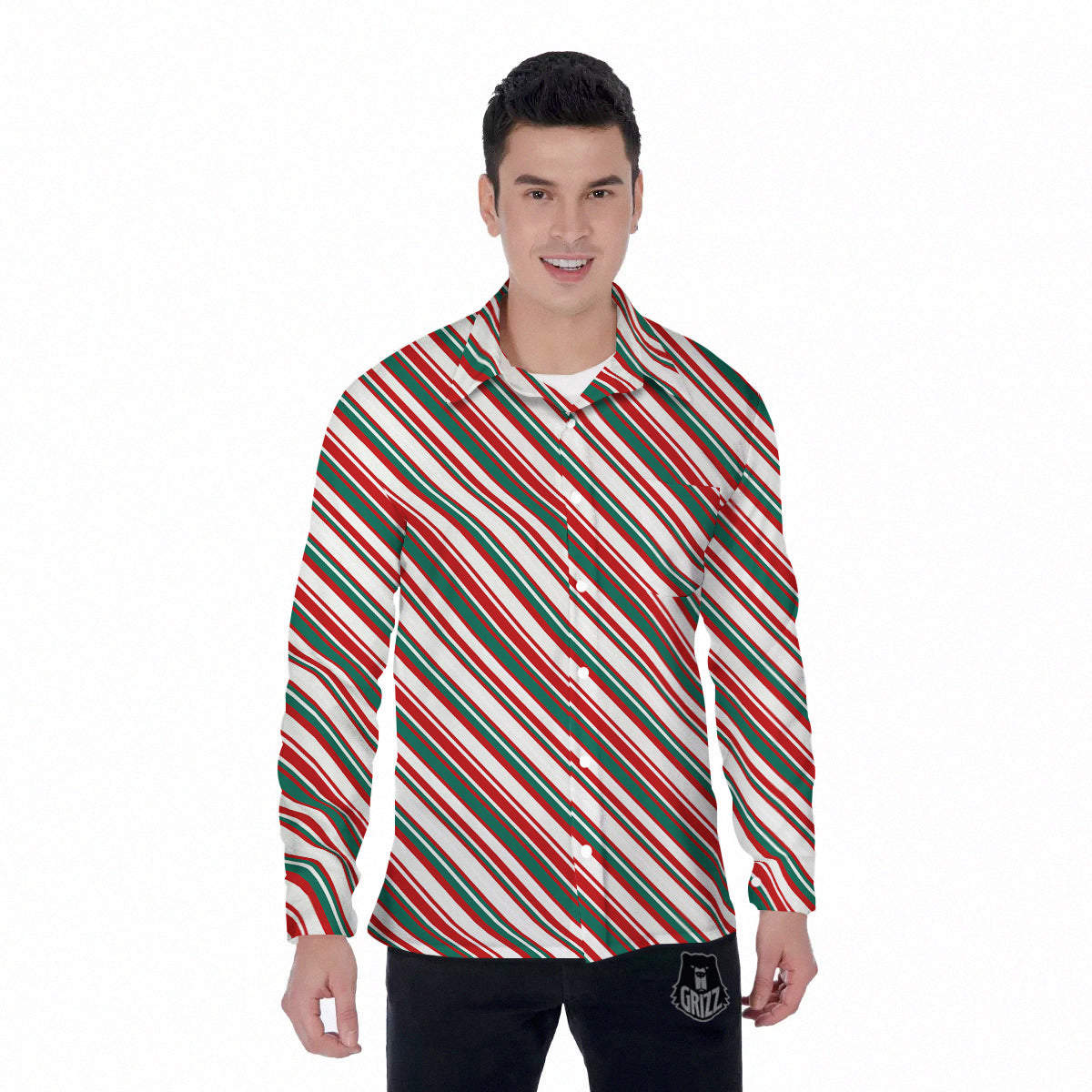 Candy Cane Stripe Christmas Print Men's Long Sleeve Shirts-grizzshop