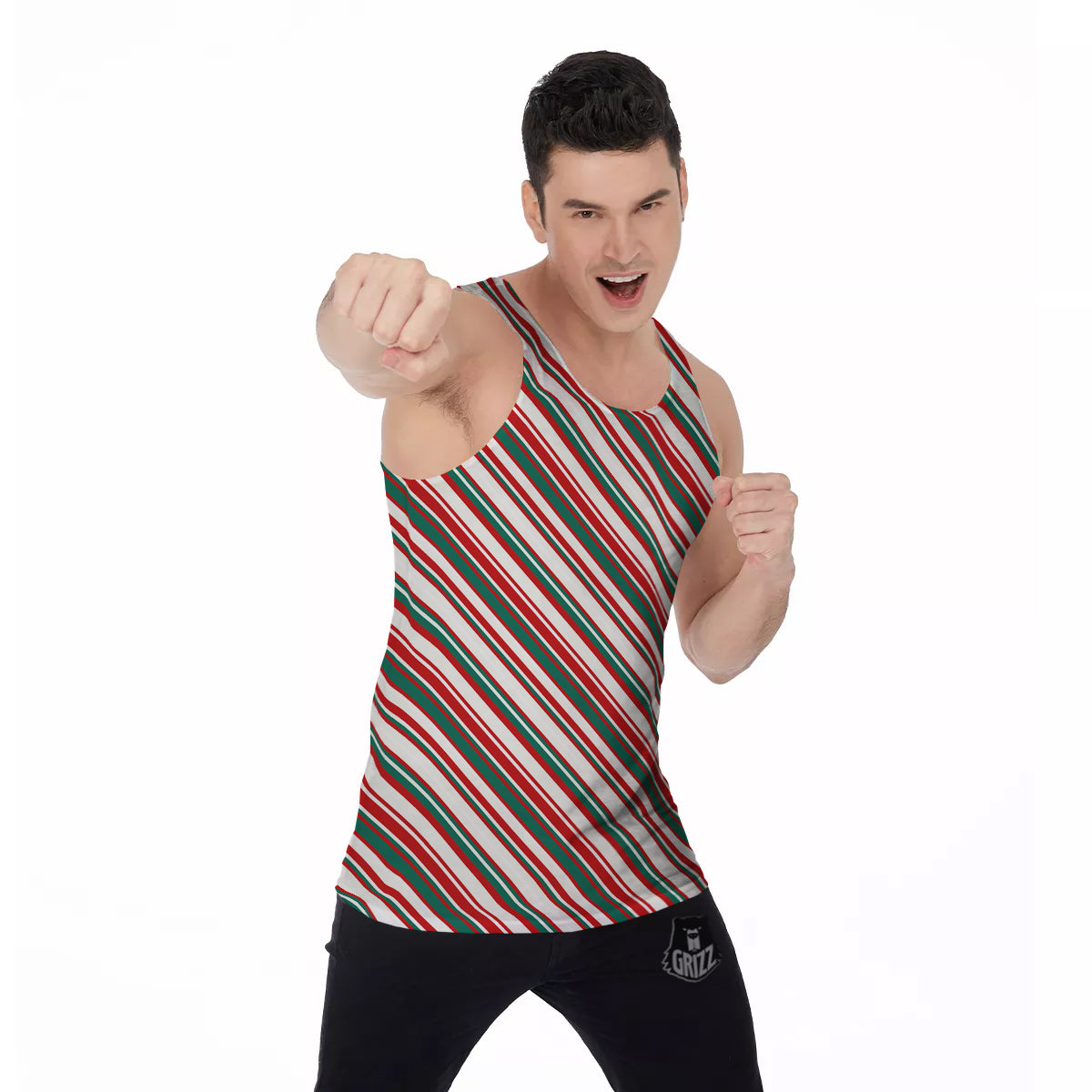 Candy Cane Stripe Christmas Print Men's Tank Top-grizzshop