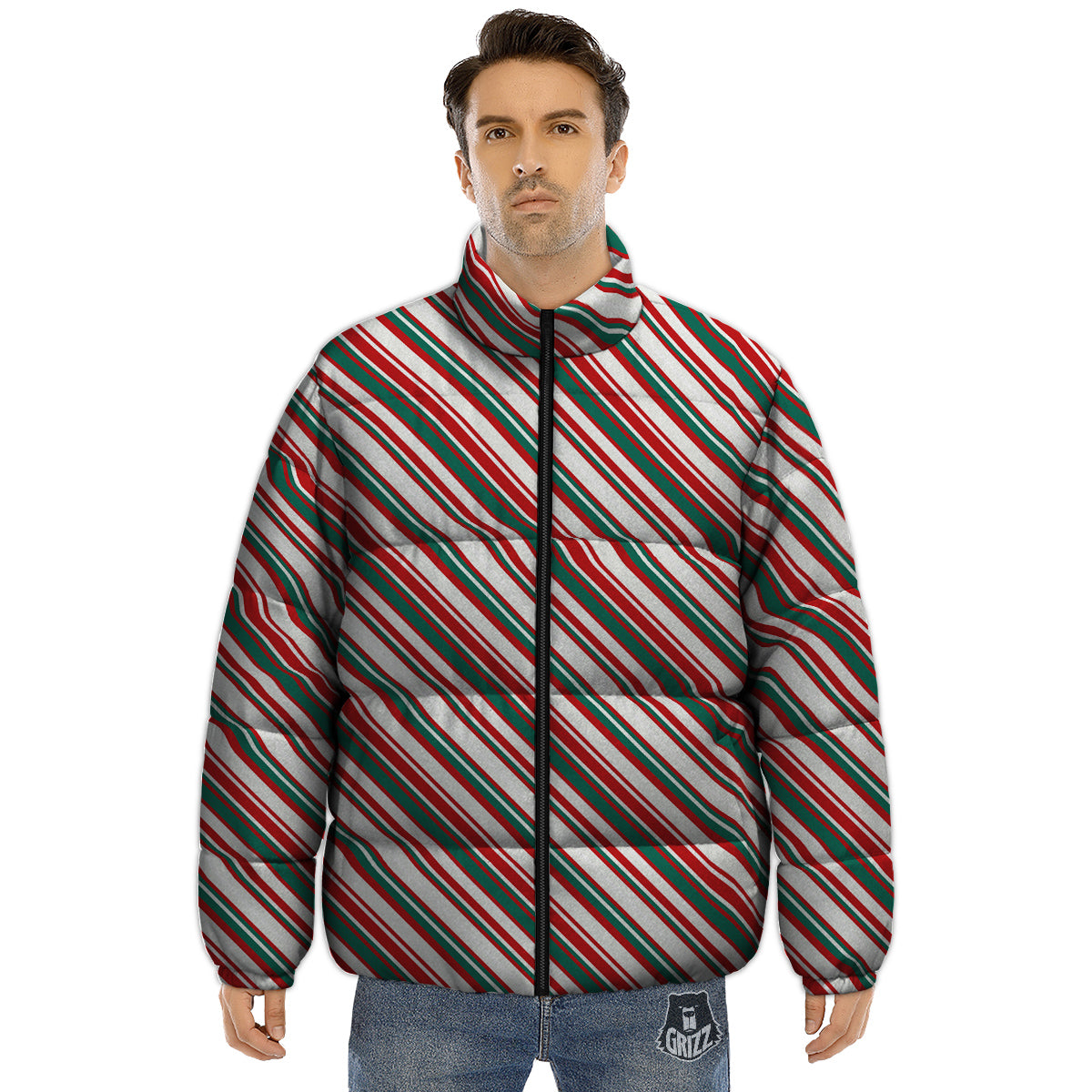 Candy Cane Stripe Christmas Print Puffer Jacket-grizzshop