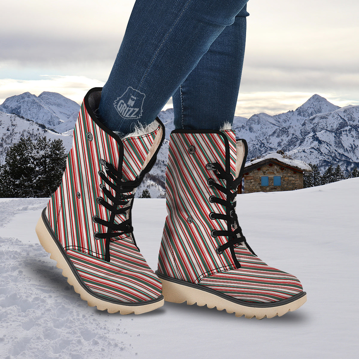 Candy Cane Stripe Christmas Print Snow Boots-grizzshop