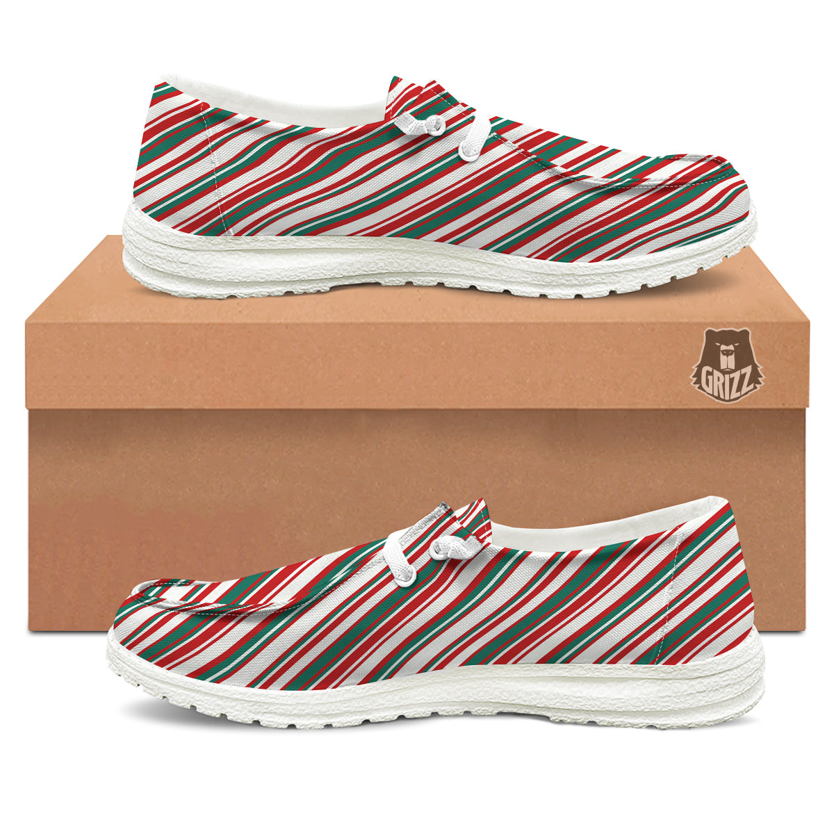 Candy Cane Stripe Christmas Print White Loafers-grizzshop