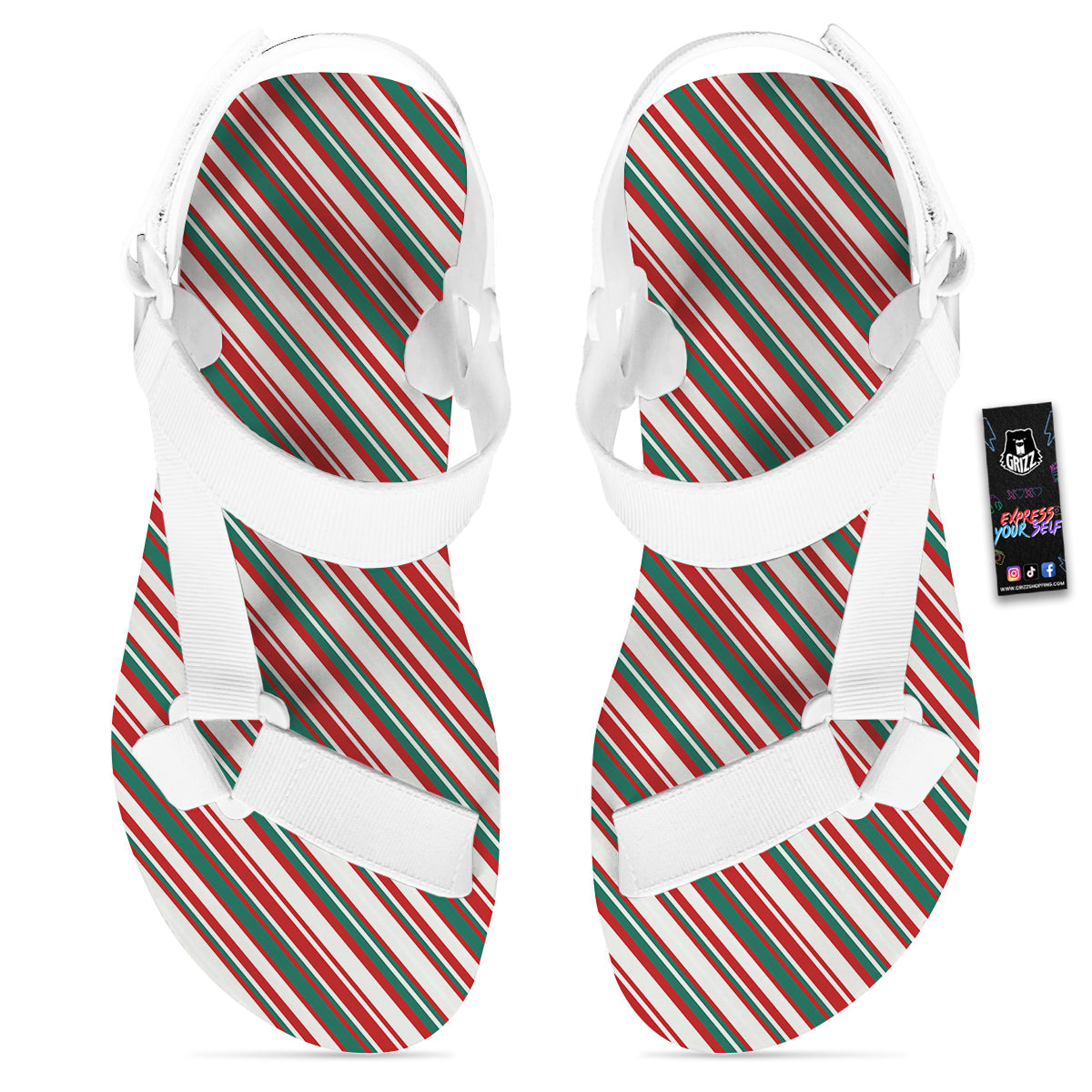 Candy Cane Stripe Christmas Print White Open Toe Sandals-grizzshop