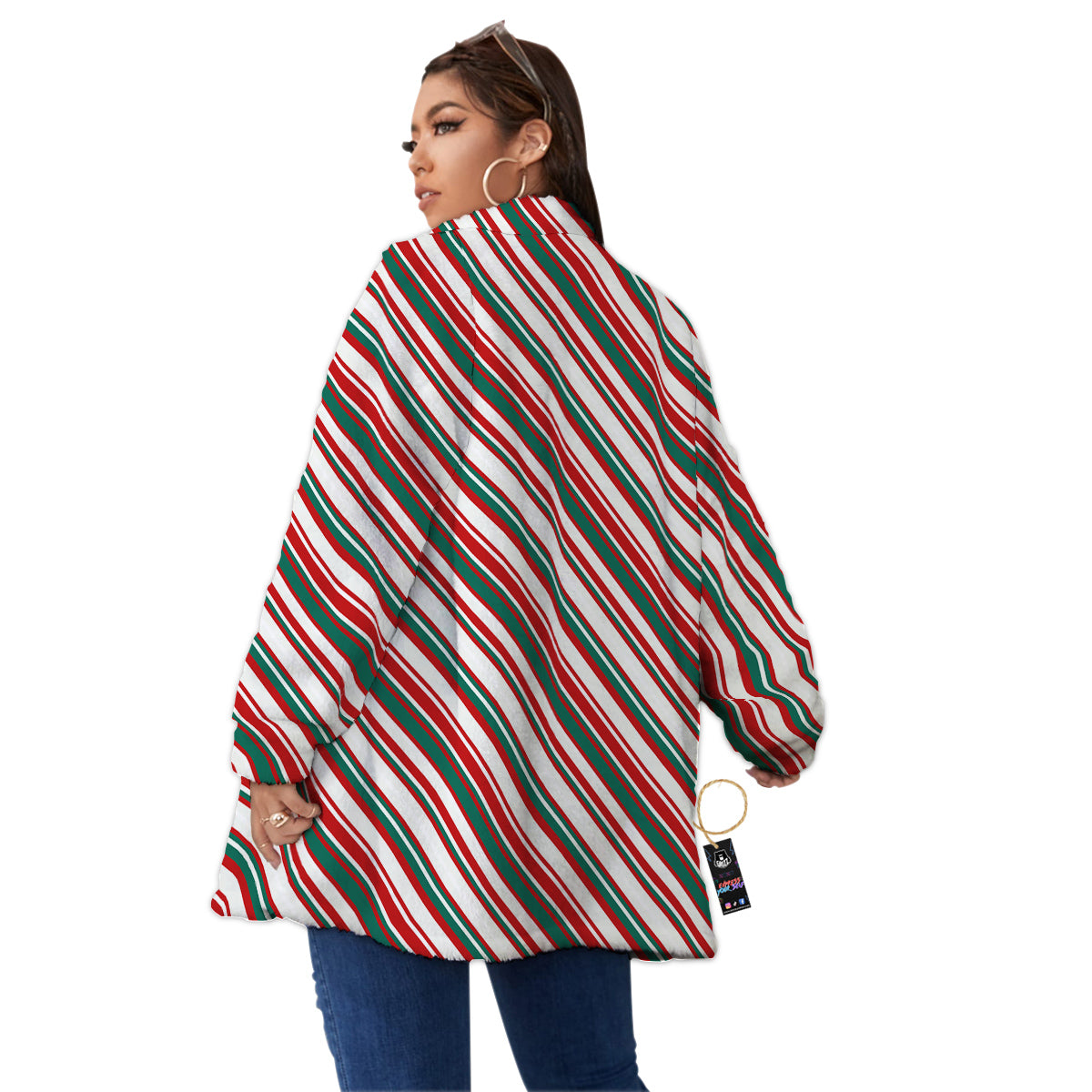 Candy Cane Stripe Christmas Print Women's Sherpa Jacket-grizzshop