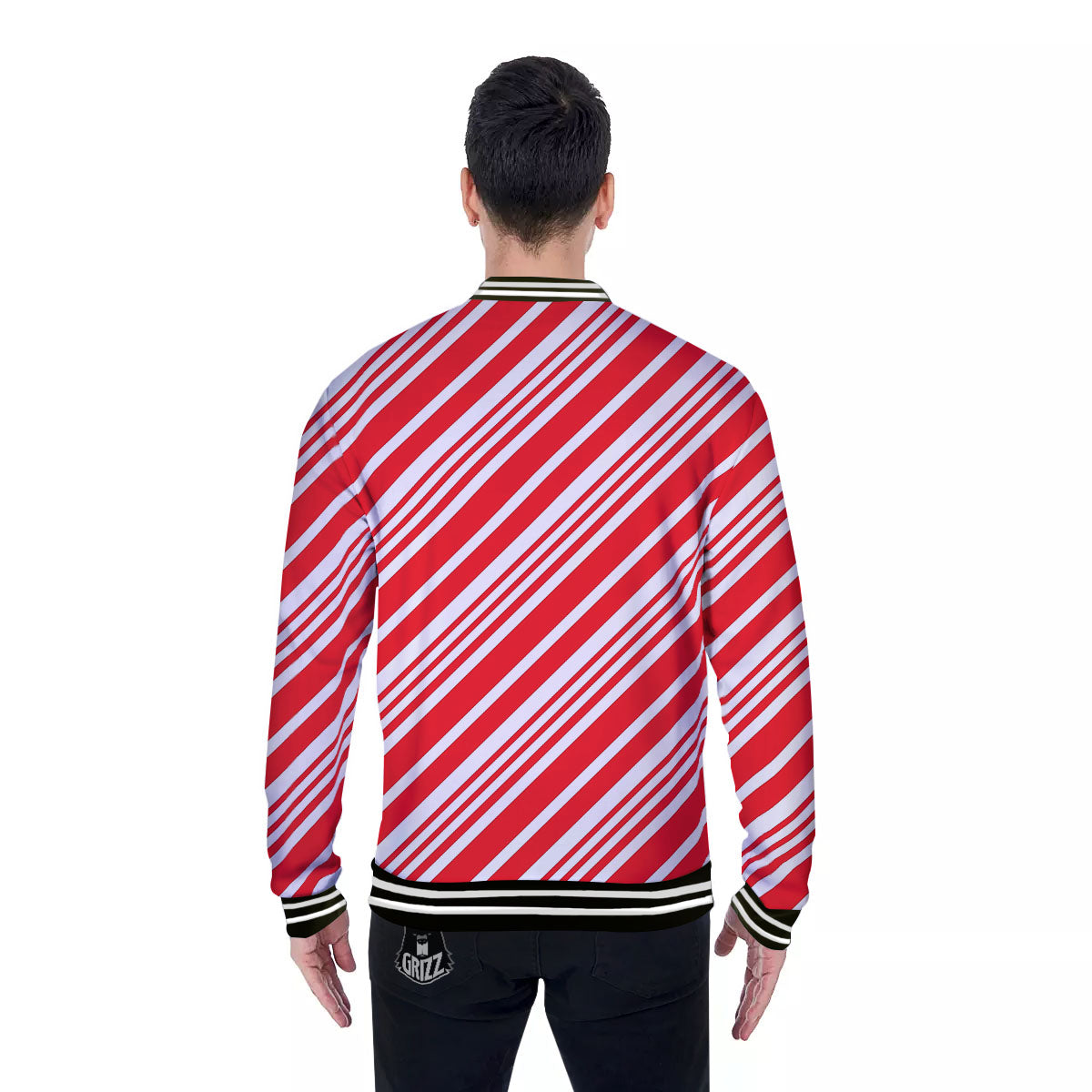 Candy Cane Stripe White And Red Print Baseball Jacket-grizzshop